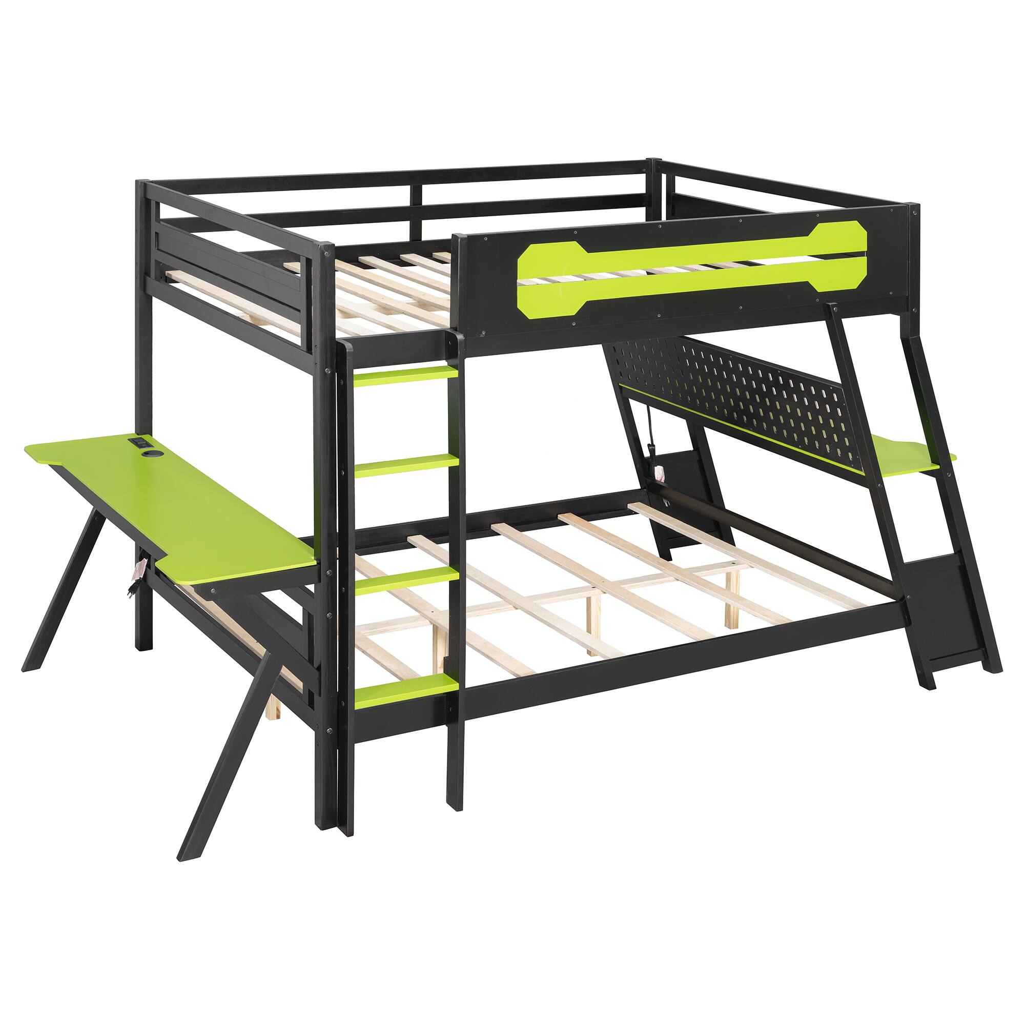 Alt View 1. Anysun - Full Size Bunk Bed with Two Built-In Gaming Desks, USB Desktop Ports & Pegboard Organizer, Gaming Bunk Frame for Gamer - Green.