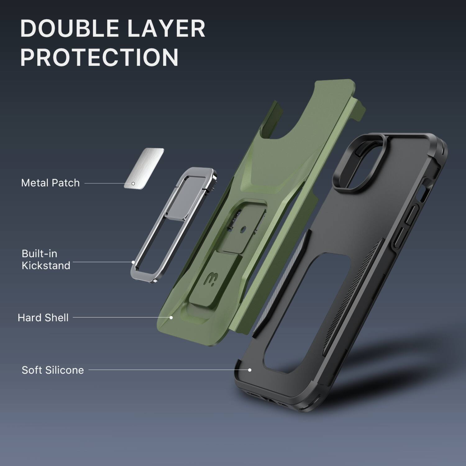 DOUBLE LAYER PROTECTION

- Metal Patch
- Built-in Kickstand
- Hard Shell
- Soft Silicone
