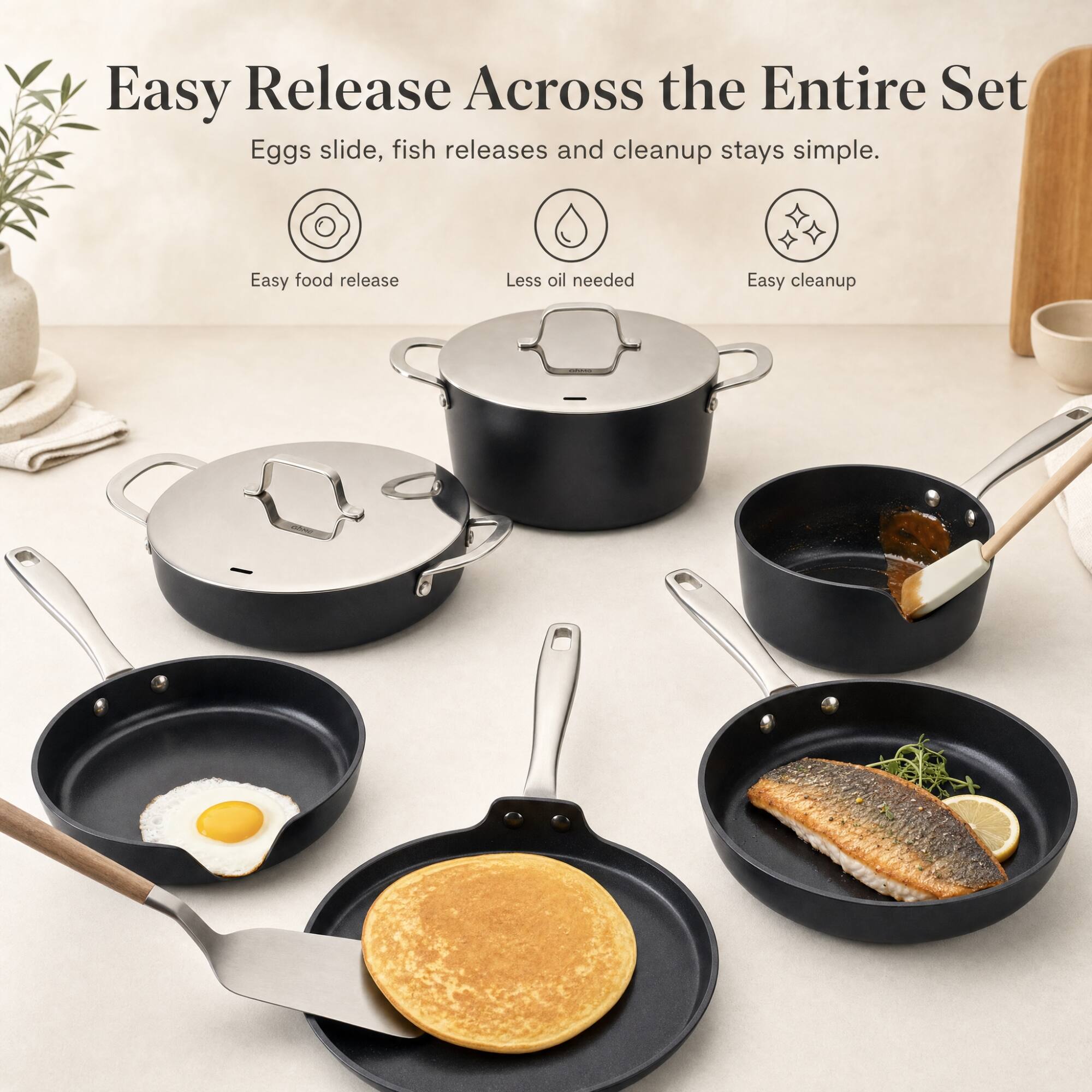 Easy Release Across the Entire Set  
Eggs slide, fish releases and cleanup stays simple.  
Easy food release  
Less oil needed  
Easy cleanup