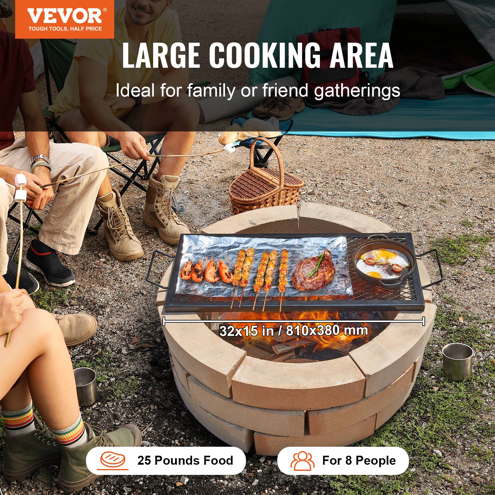VEVOR TOUGH TOOLS. HALF PRICE LARGE COOKING AREA Ideal for family or friend gatherings 32x15 in / 810x380 mm 25 Pounds Food For 8 People