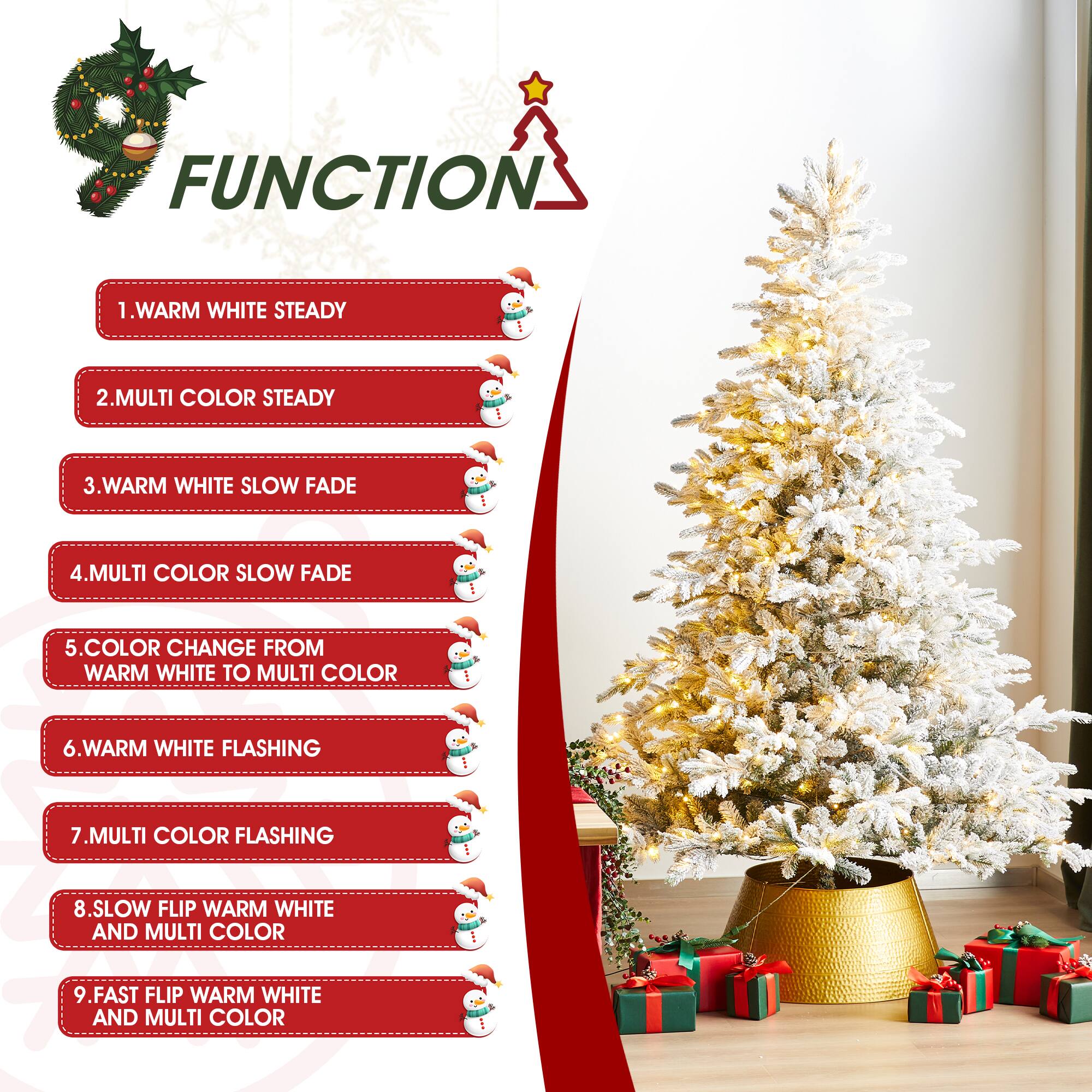 FUNCTION
1. WARM WHITE STEADY
2. MULTI COLOR STEADY
3. WARM WHITE SLOW FADE
4. MULTI COLOR SLOW FADE
5. COLOR CHANGE FROM WARM WHITE TO MULTI COLOR
6. WARM WHITE FLASHING
7. MULTI COLOR FLASHING
8. SLOW FLIP WARM WHITE AND MULTI COLOR
9. FAST FLIP WARM WHITE AND MULTI COLOR