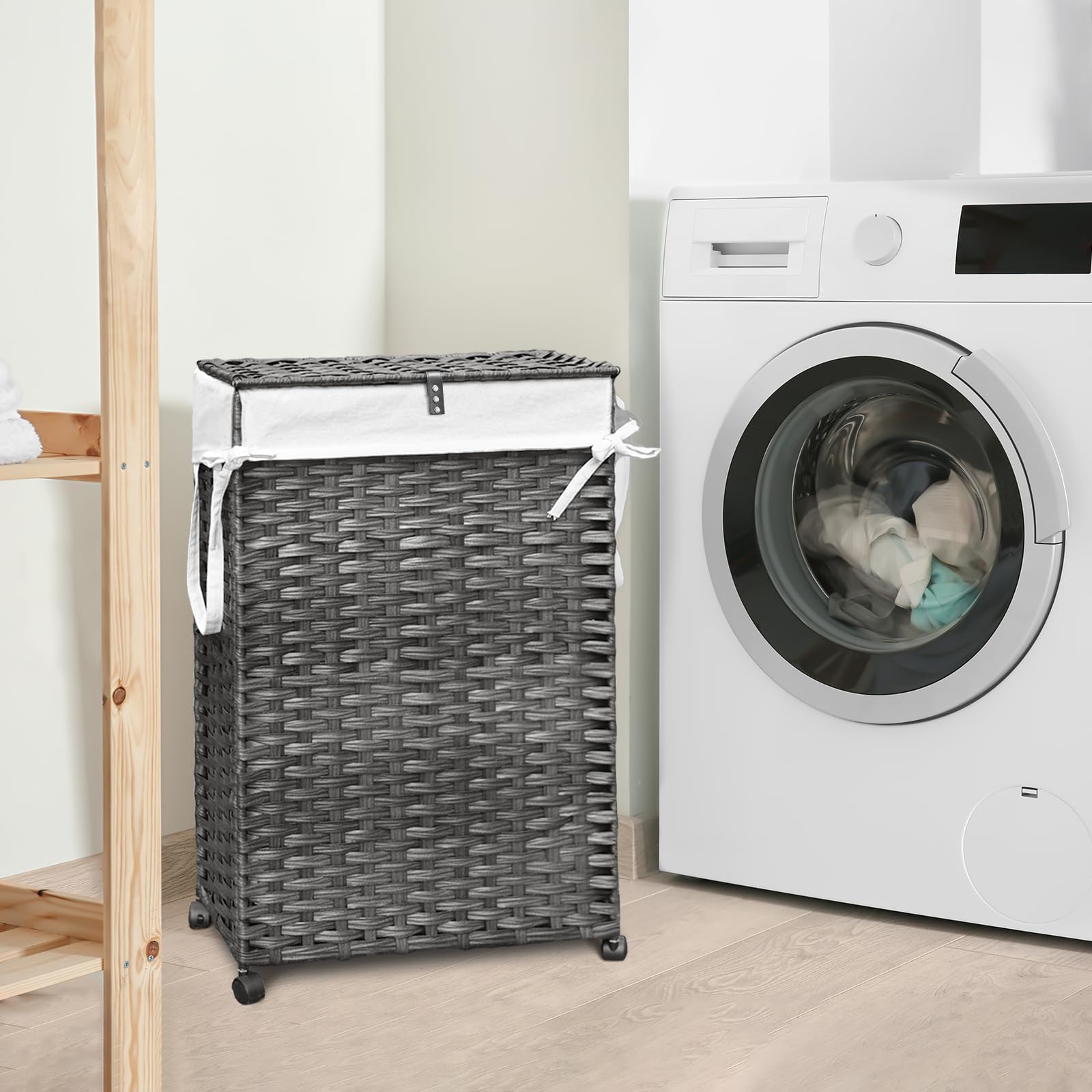 Left. JETRANSPORT - 70l Slim Laundry Hamper With Lid & Wheels Rolling Basket 2 Removable Liner Bags 3 Mesh Narrow Dirty Clothes - Natural 2.