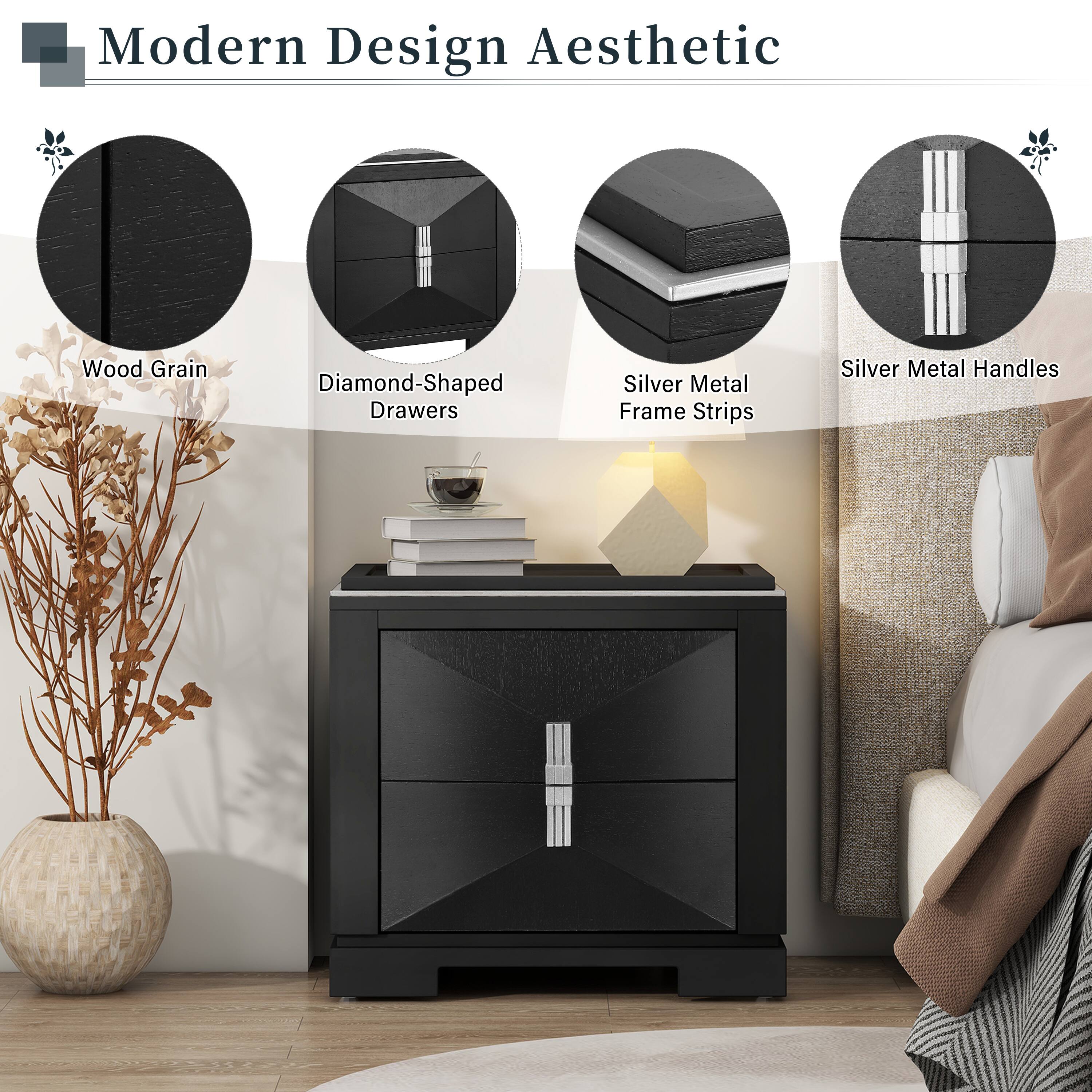 Modern Design Aesthetic  
Wood Grain  
Diamond-Shaped Drawers  
Silver Metal Frame Strips  
Silver Metal Handles