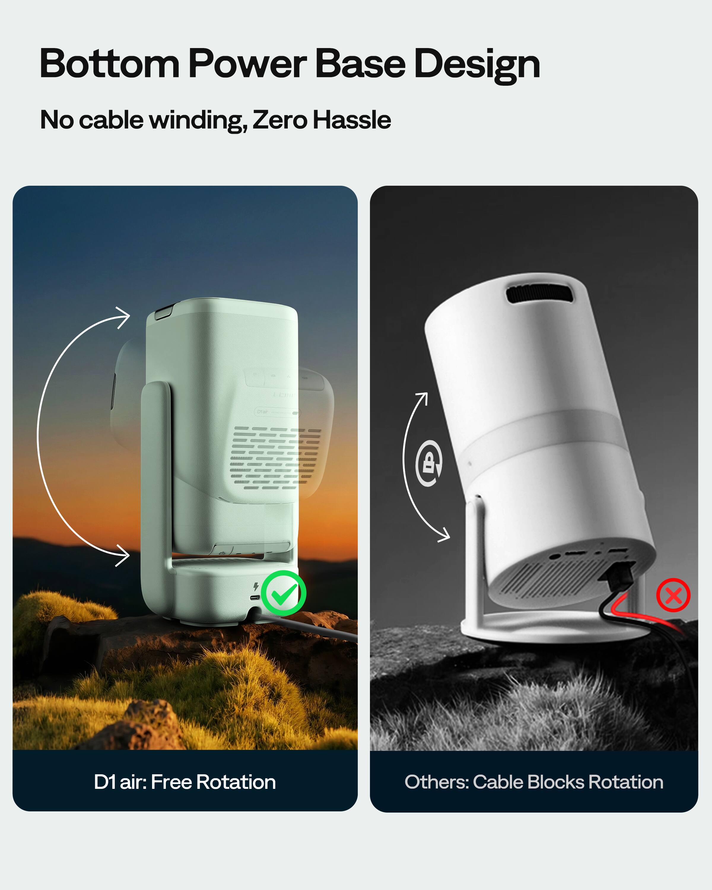 Bottom Power Base Design  
No cable winding, Zero Hassle  

D1 air: Free Rotation  

Others: Cable Blocks Rotation