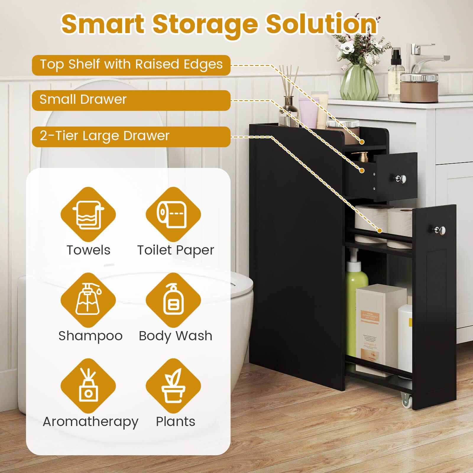 Smart Storage Solution

- Top Shelf with Raised Edges
- Small Drawer
- 2-Tier Large Drawer

- Towels
- Toilet Paper
- Shampoo
- Body Wash
- Aromatherapy
- Plants