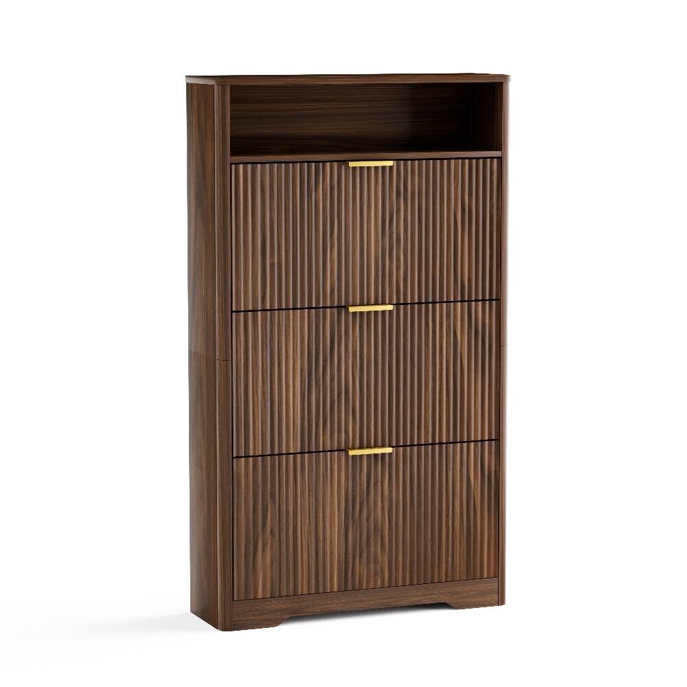 Alt View 4. Loheer - Loheer Hidden Shoe Storage Cabinet, 3 Flip Drawers Shoe Cabinet, Tall Freestanding Shoe Organizer, Walnut - Walnut.