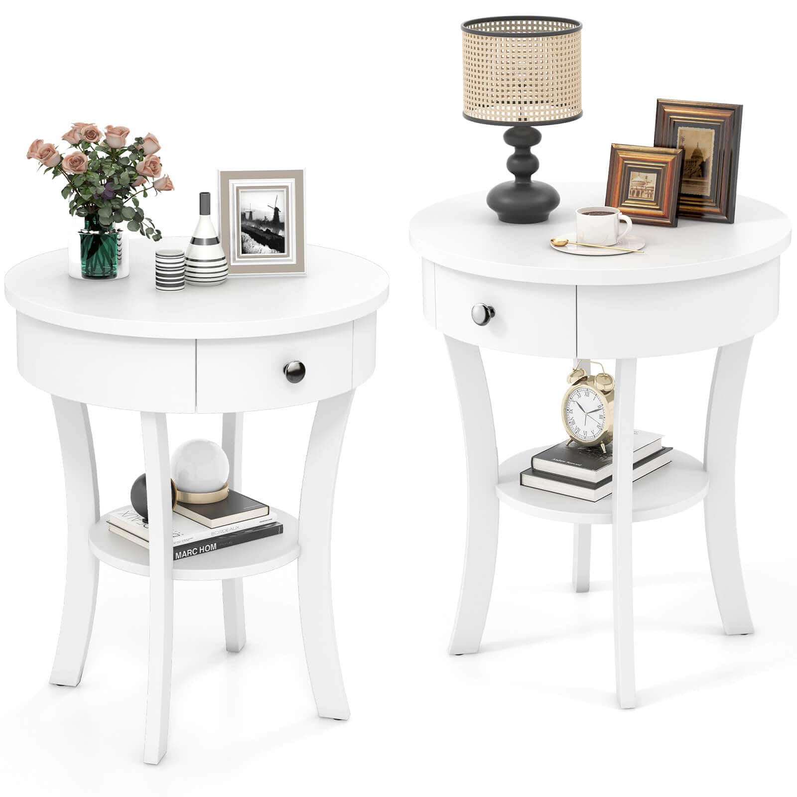 Costway - 2 PCS 2-tier Side End Sofa Table Round Nightstand Bedroom Living Room - White price history on PriceWatchPro