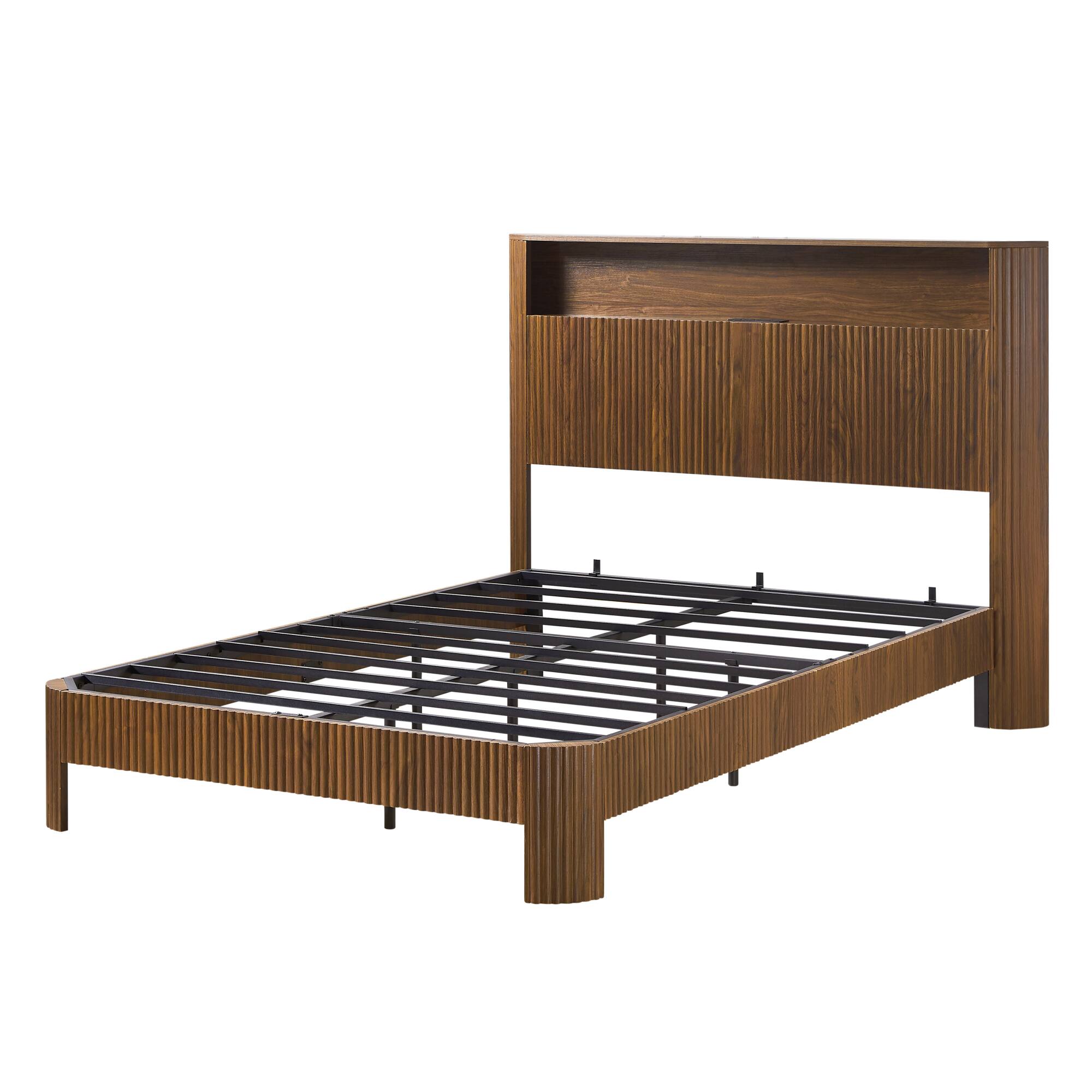 Alt View 2. GOODSILO - Full XL Storage Bed Frame with Charging Station Headboard and Wavy Curved Design in Walnut Finish - Walnut.