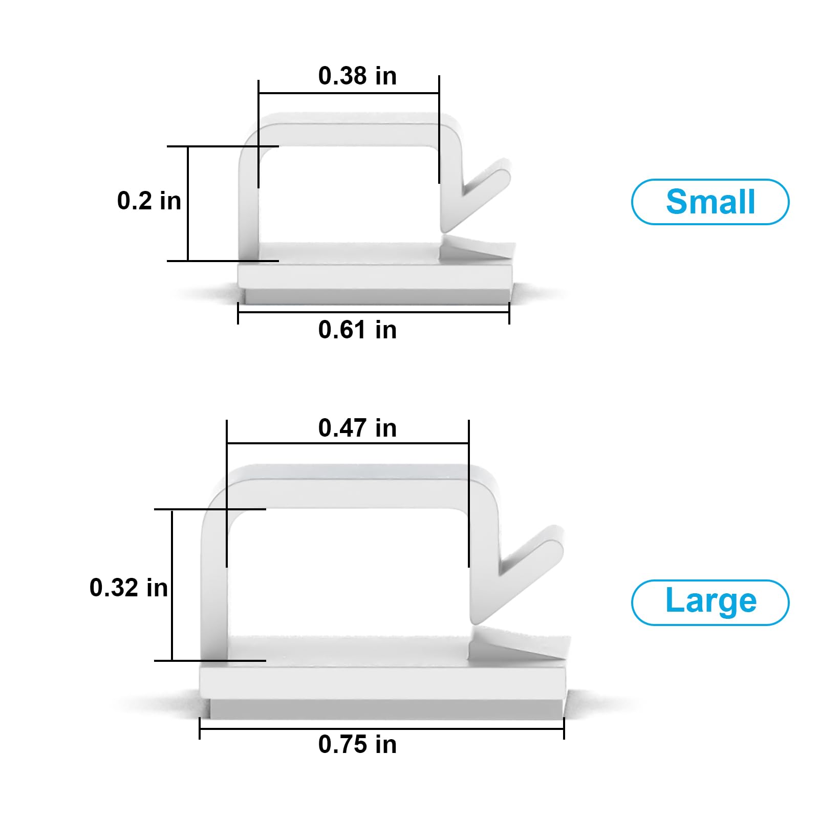 Small:  
- 0.38 in  
- 0.2 in  
- 0.61 in  

Large:  
- 0.47 in  
- 0.32 in  
- 0.75 in