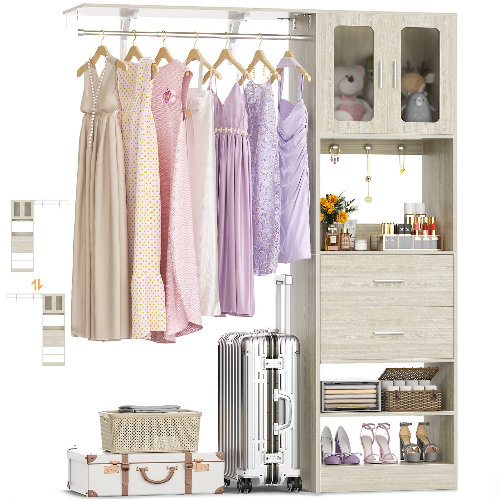 Angle. Aheaplus - 5FT Wall-Mounted Closet Organizer with Drawers, Hanging Rod, and Shelves, Sturdy & Easy Assembly - Beige Oak.