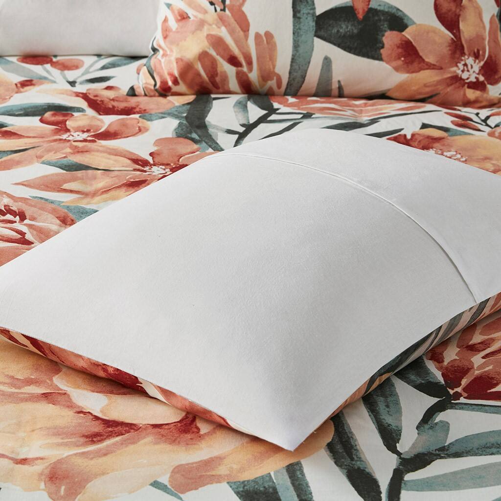 Alt View 3. Gracie Mills - Gracie Mills 3-Piece Modern Floral Print Cotton Duvet Cover Set - Peach/Off-White.