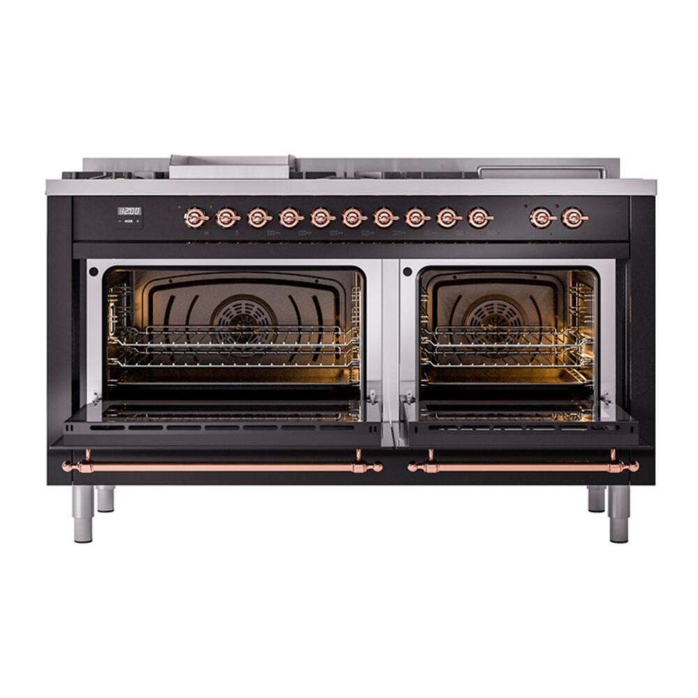 Alt View 4. ILVE - ILVE Nostalgie II 60 inch Dual Fuel Range with 7 Burners + Griddle (Natural Gas, Glossy Black, Copper Trim) - Glossy Black.
