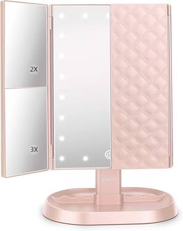 Stamp n Camp - Trifold Lighted Vanity Makeup Mirror with 21 LED Lights,1x/2x/3x Magnification and Touch Screen Dimming - Pink