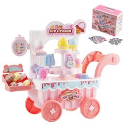 VEVOR - Ice Cream Cart for Kids, 27 PCS Accessories, Pretend Play Store with Storage Trolley with Pretend Money - Pink