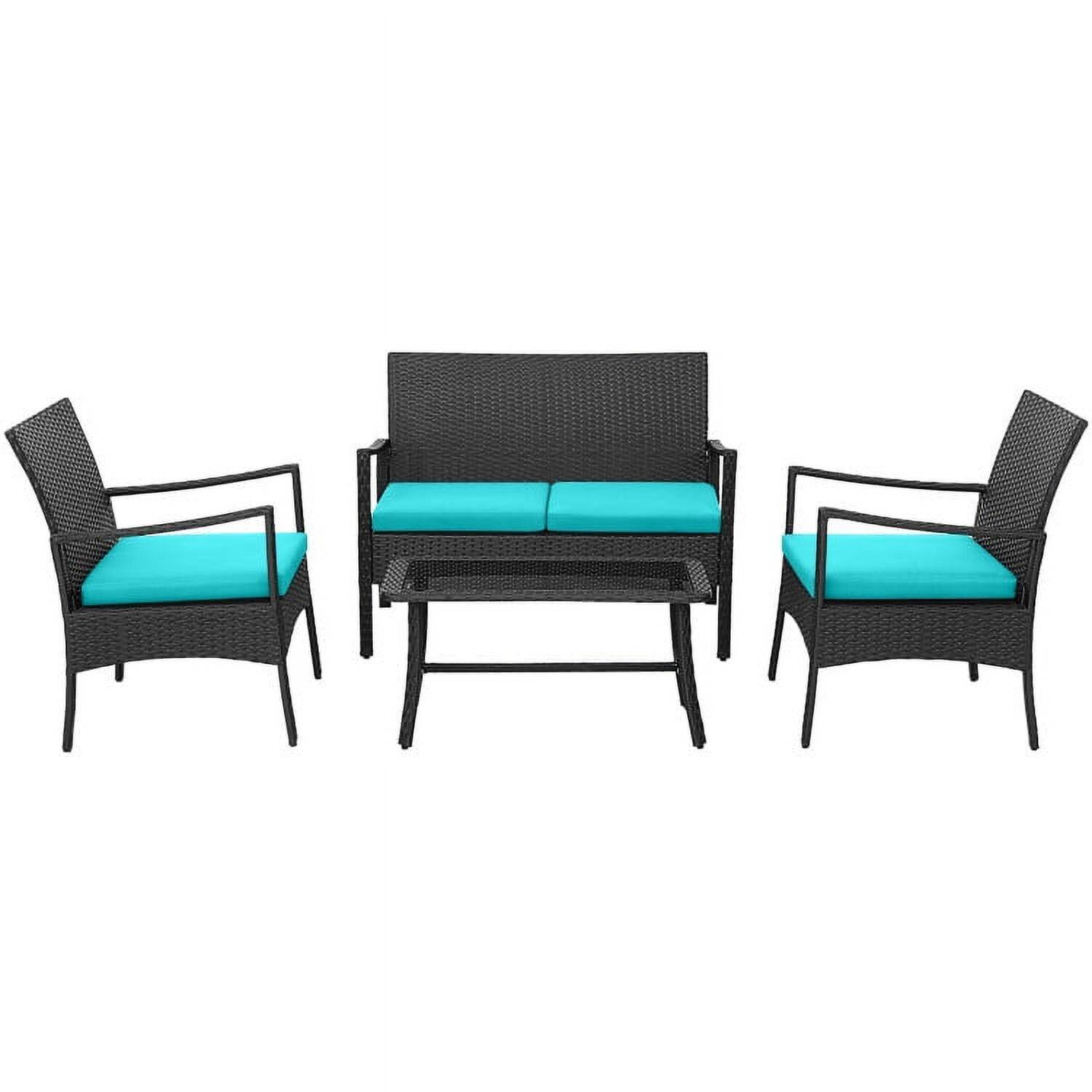 Angle. Kadyn - 3 Pcs Patio PE Wicker Conversation Set Garden Conversation Sets with Acacia Wood Frame and Cushions-Beige - Blue.