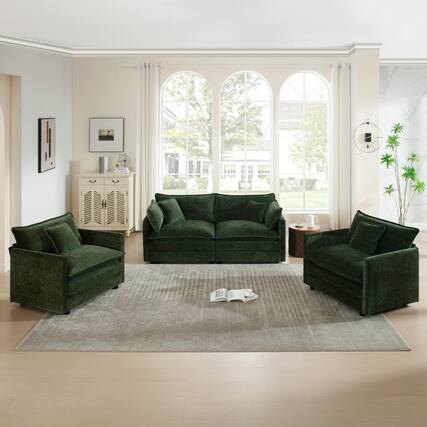 Front. LOVMOR - 3 Piece Easy Assembly Chenille Sofa Set For Living Room Bedroom Office Plush Cozy Lounge Indoor Family Home TV - Green.