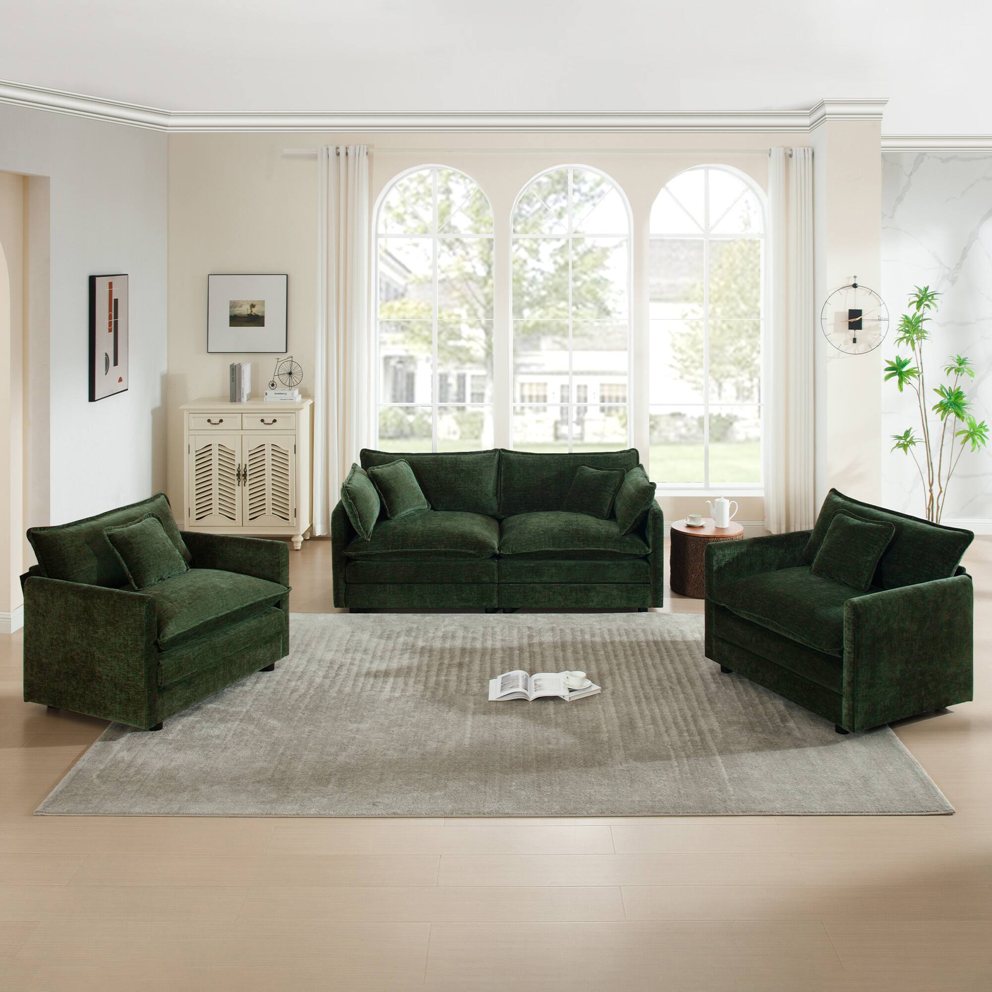 Front. LOVMOR - 3 Piece Easy Assembly Chenille Sofa Set For Living Room Bedroom Office Plush Cozy Lounge Indoor Family Home TV - Green.
