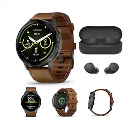 Garmin - Venu 4 45mm AMOLED (Slate/Brown) GPS Smartwatch with Earbuds Bundle - VENU445SBL-510 - (2025)