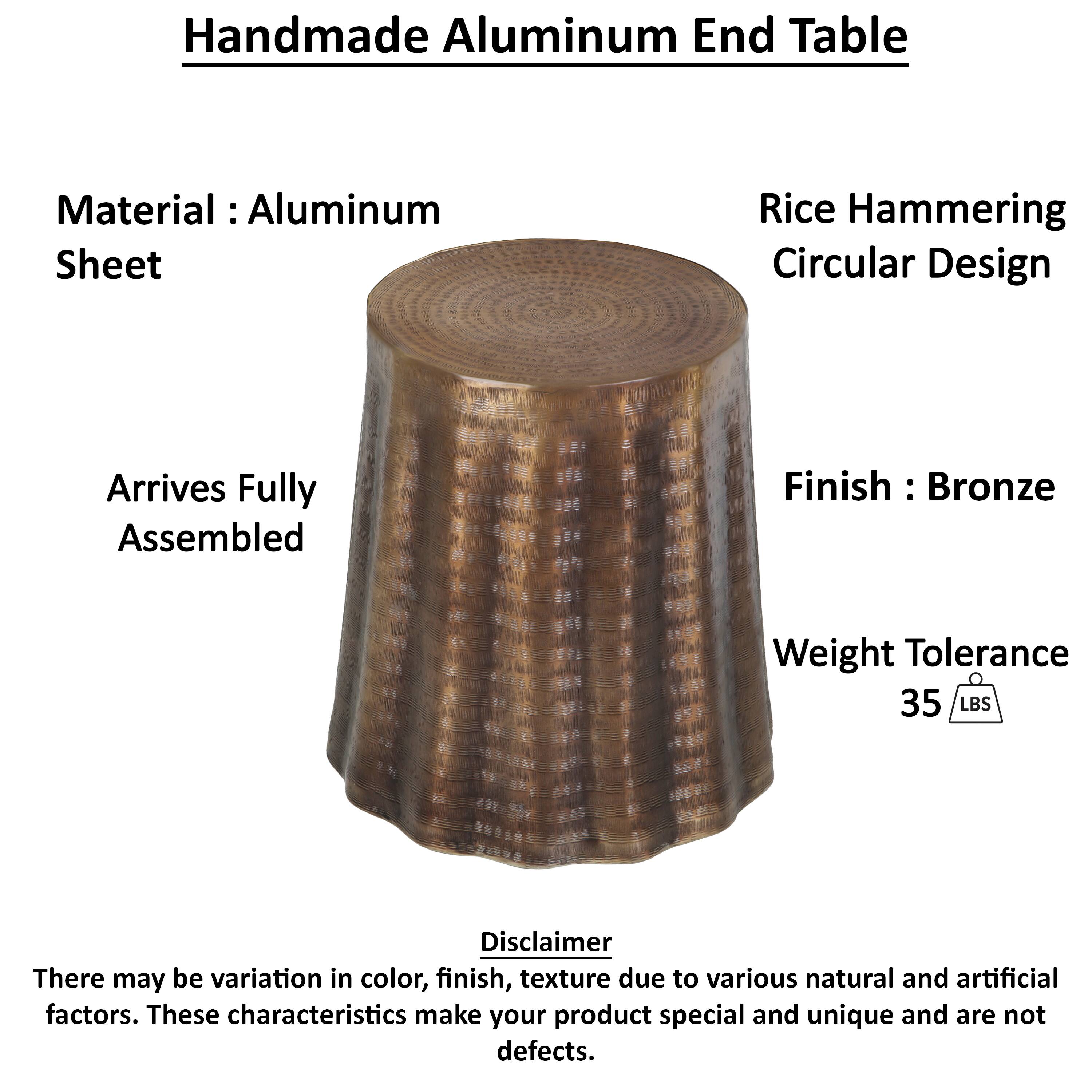 Handmade Aluminum End Table

Material: Aluminum Sheet
Rice Hammering Circular Design
Arrives Fully Assembled
Finish: Bronze
Weight Tolerance 35 LBS

Disclaimer: There may be variation in color, finish, texture due to various natural and artificial factors. These characteristics make your product special and unique and are not defects.