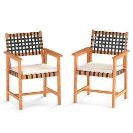 Costway - Solid Acacia Wood Patio Chair Set of 2 with Padded Seat Cushion Washable Covers - Natural,Off White