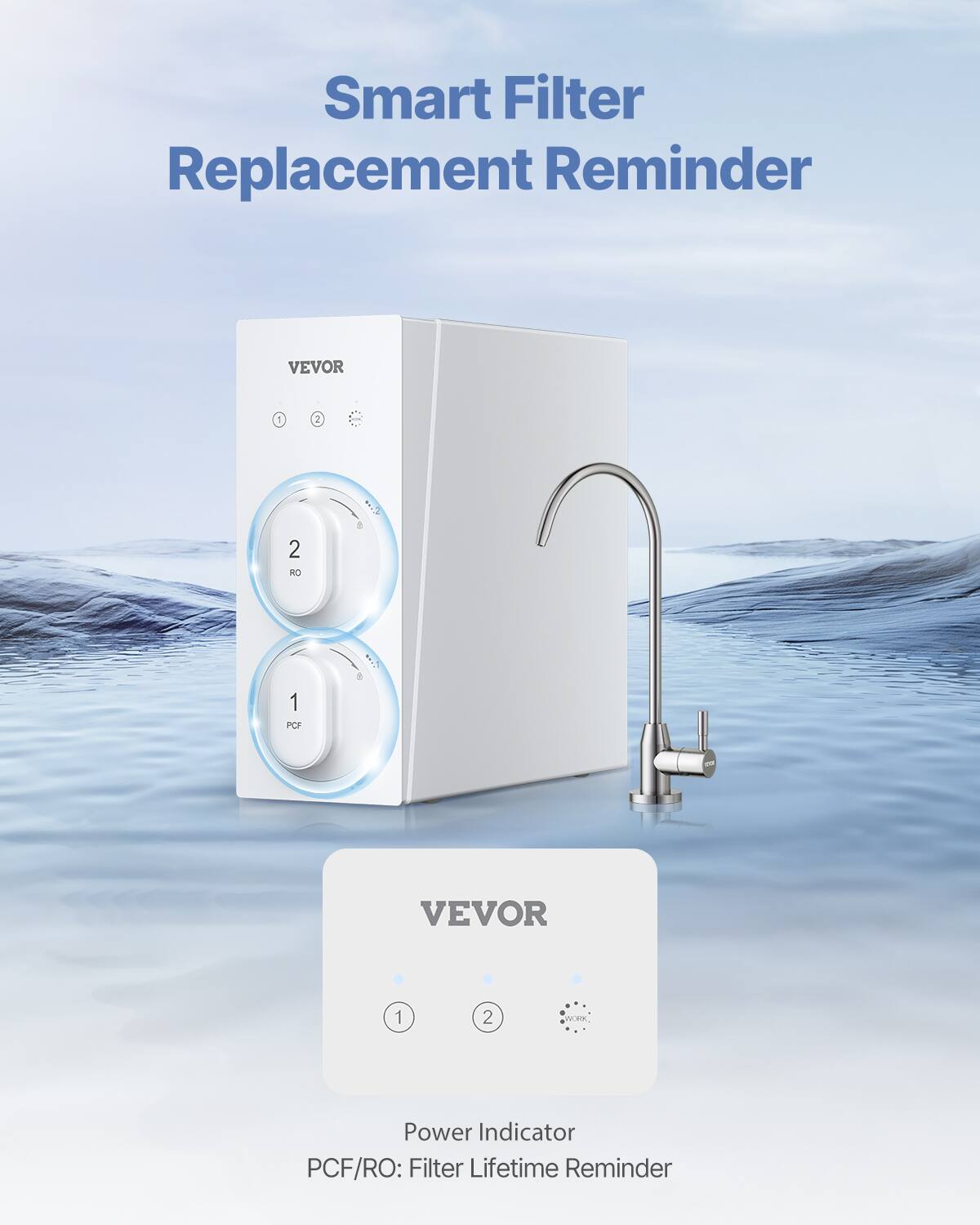 Smart Filter Replacement Reminder

VEVOR

Power Indicator
PCF/RO: Filter Lifetime Reminder