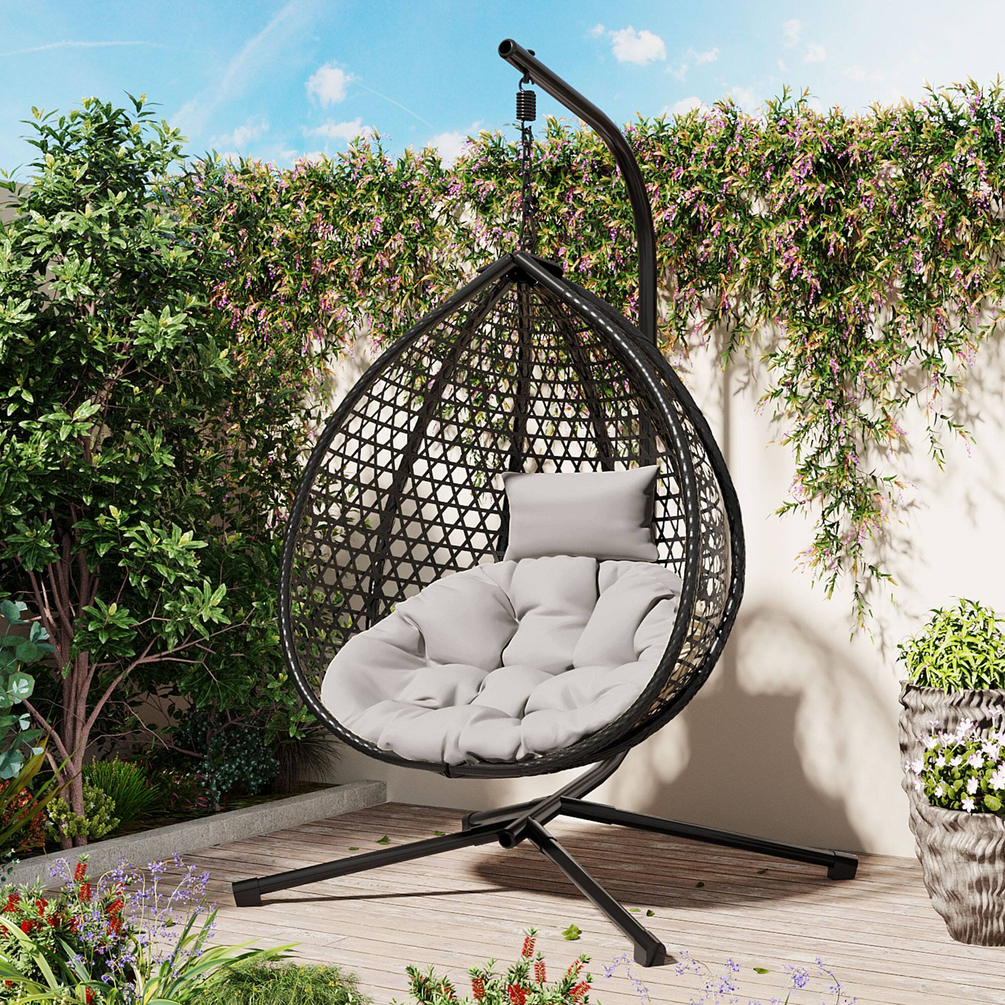Left. Mondawe - Outdoor Swing chairs with Soft Removable Cushion and Rattan Weaving - Black+ Gray.