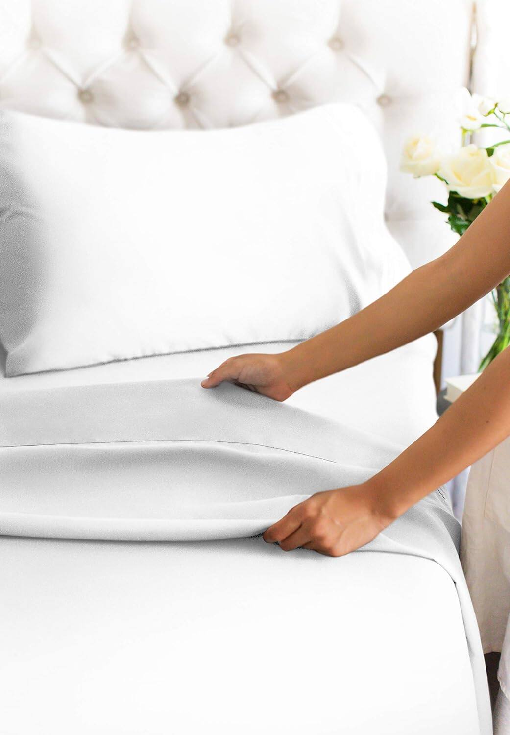 Back. CGK Linens - Luxury 1000 Thread Count 4 Piece Sheet Set - Soft & Premium 100% Cotton Sateen - Queen - White.