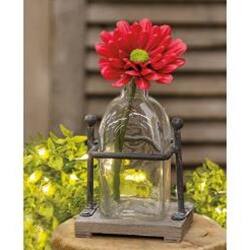 Angle. BreeBe - Wood and Iron Bottle Holder With 1 Bottle - Grey, Clear.