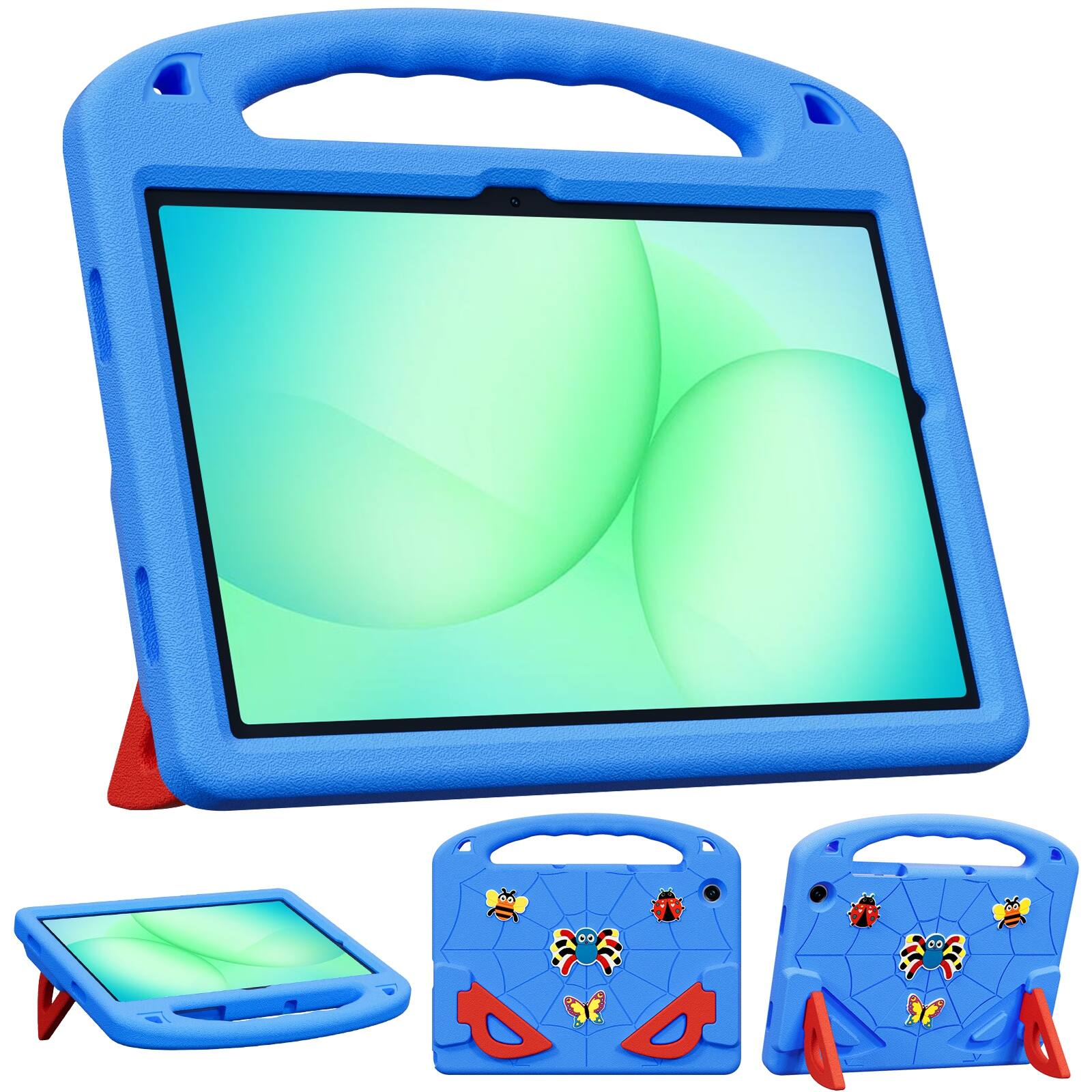 Angle. UUCOVER - Kids Case for Samsung Galaxy Tab A11+ 11-inch 2025 (SM-X230/X236/X238),Shockproof EVA Handle Stand Cover+Shoulder Strap - Blue/Red.