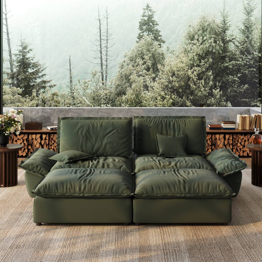 Angle. POVISON - Modern Beige Sleeper Sofa with 2 Ottomans - Green Suede Fabric.