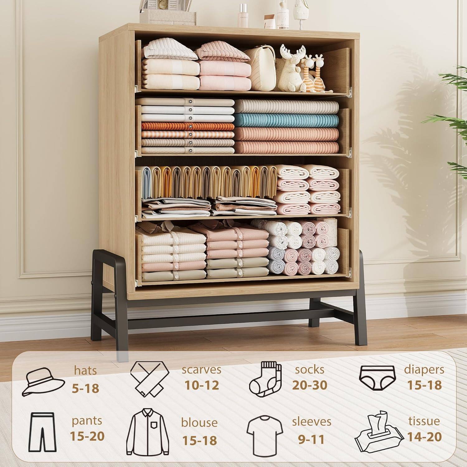 hats 5-18  
scarves 10-12  
socks 20-30  
diapers 15-18  
pants 15-20  
blouse 15-18  
sleeves 9-11  
tissue 14-20