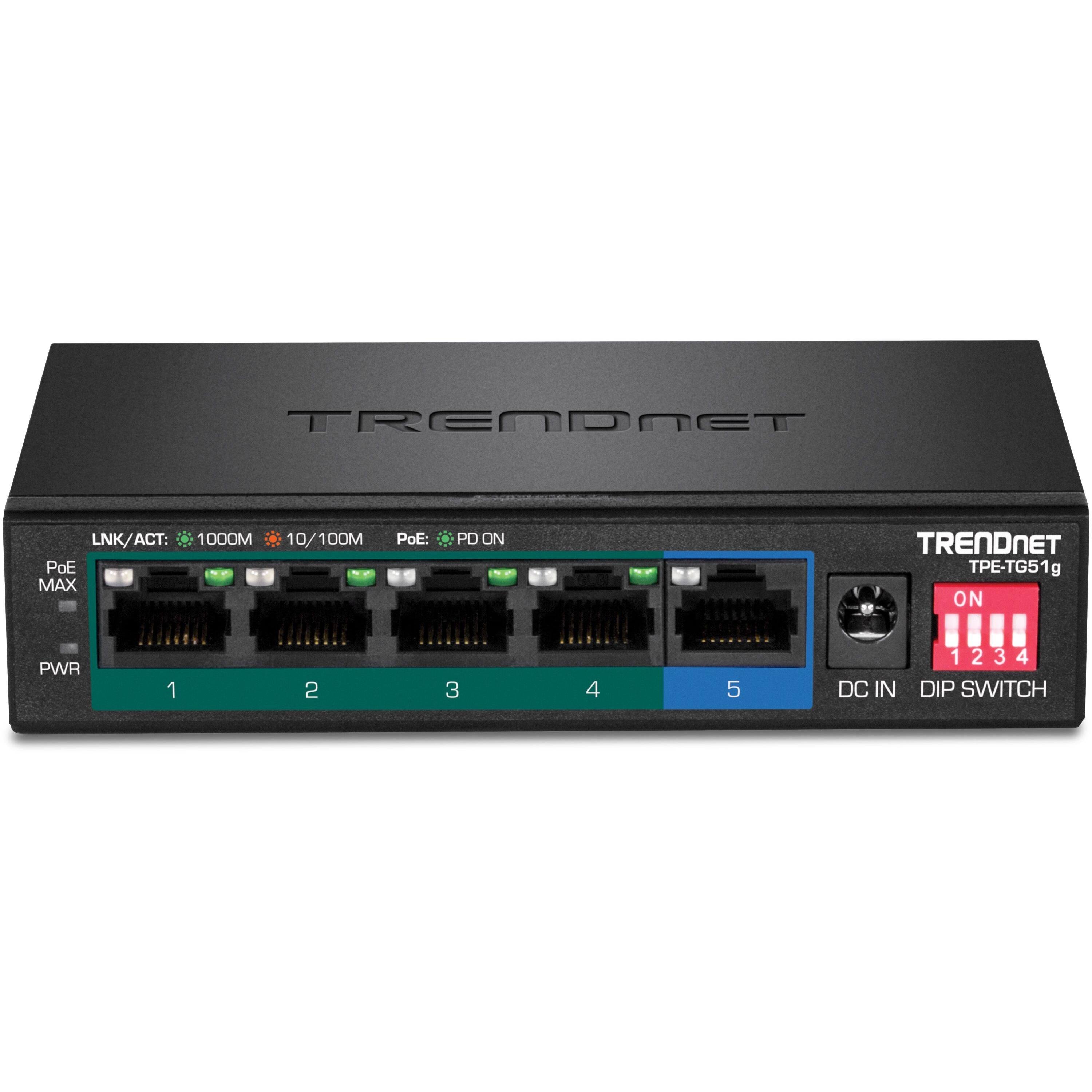 TRENDNET TPE-TG51g

LNK/ACT: 1000M 10/100M PoE: PD ON

PoE MAX

PWR 1 2 3 4 5

DC IN DIP SWITCH 1 2 3 4

ON