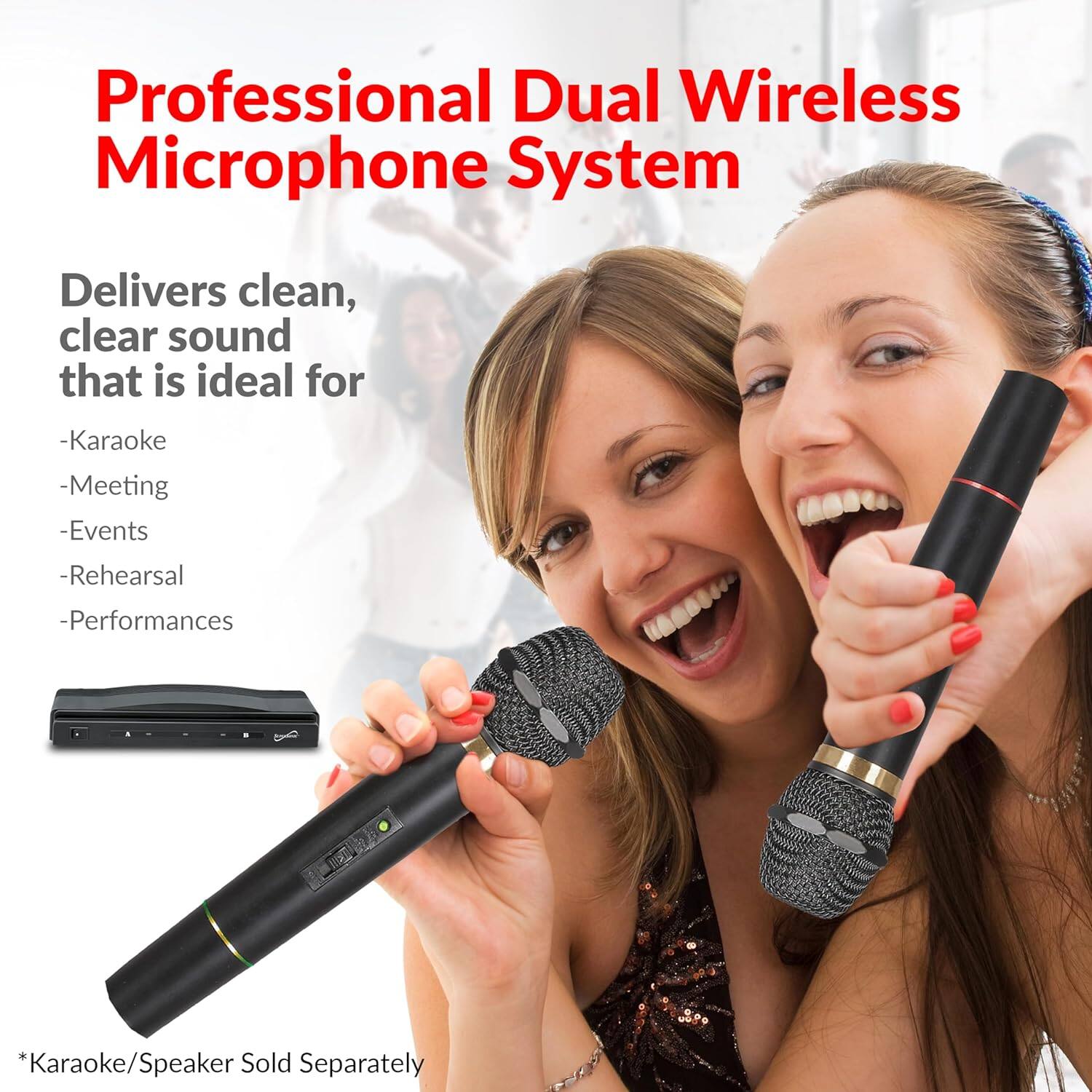 Professional Dual Wireless Microphone System

Delivers clean, clear sound that is ideal for
- Karaoke
- Meeting
- Events
- Rehearsal
- Performances

*Karaoke/Speaker Sold Separately