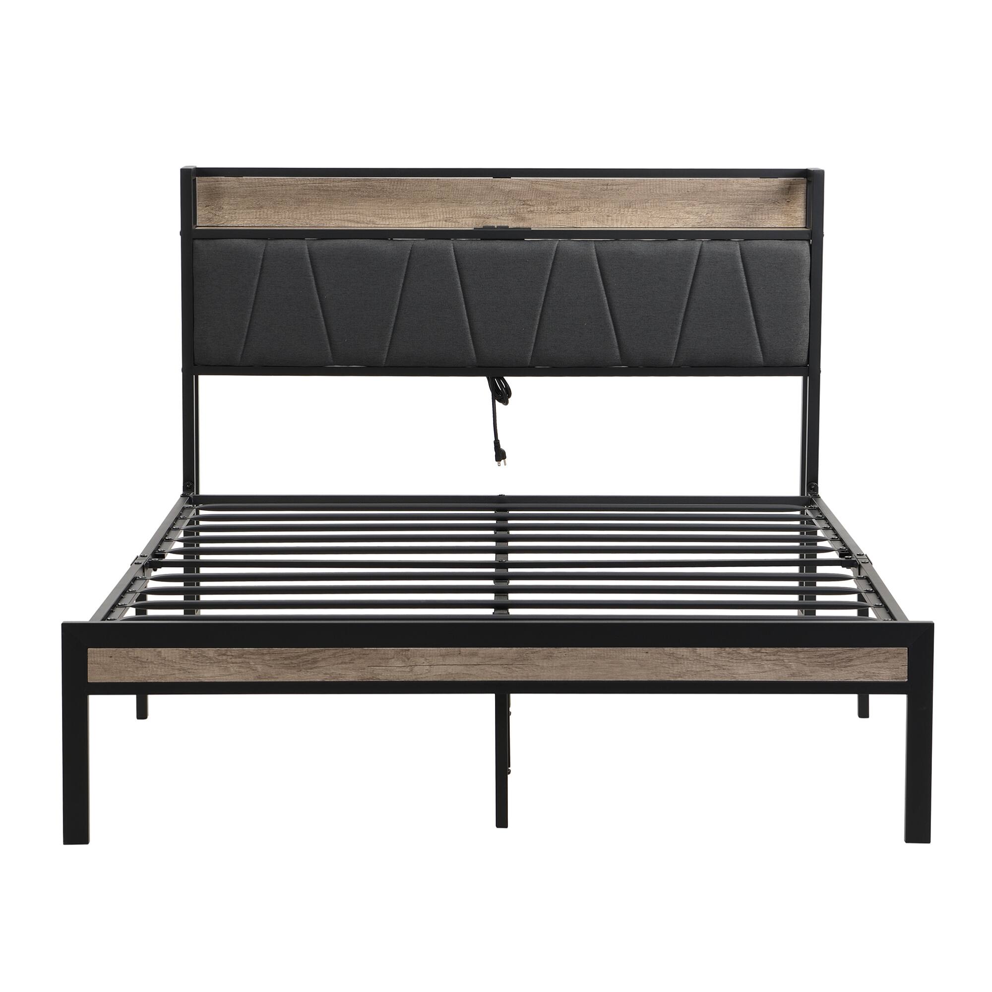 Left. GOODSILO - Queen Size Metal Platform Bed Frame with Storage Headboard and Footboard, Includes USB Ports, No Box Spring Required - Beige+Black+Grey.