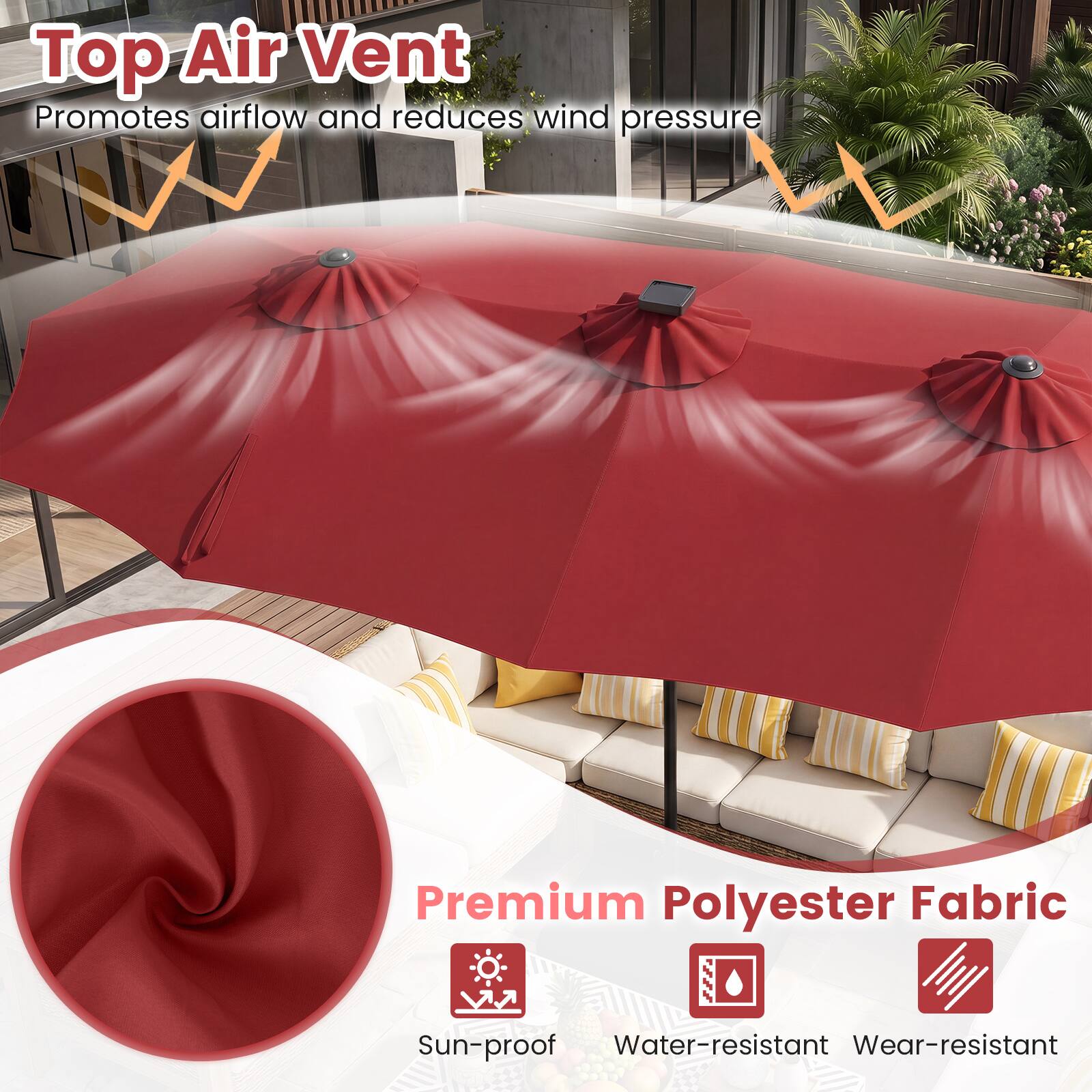 Top Air Vent Promotes airflow and reduces wind pressure

Premium Polyester Fabric

Sun-proof Water-resistant Wear-resistant