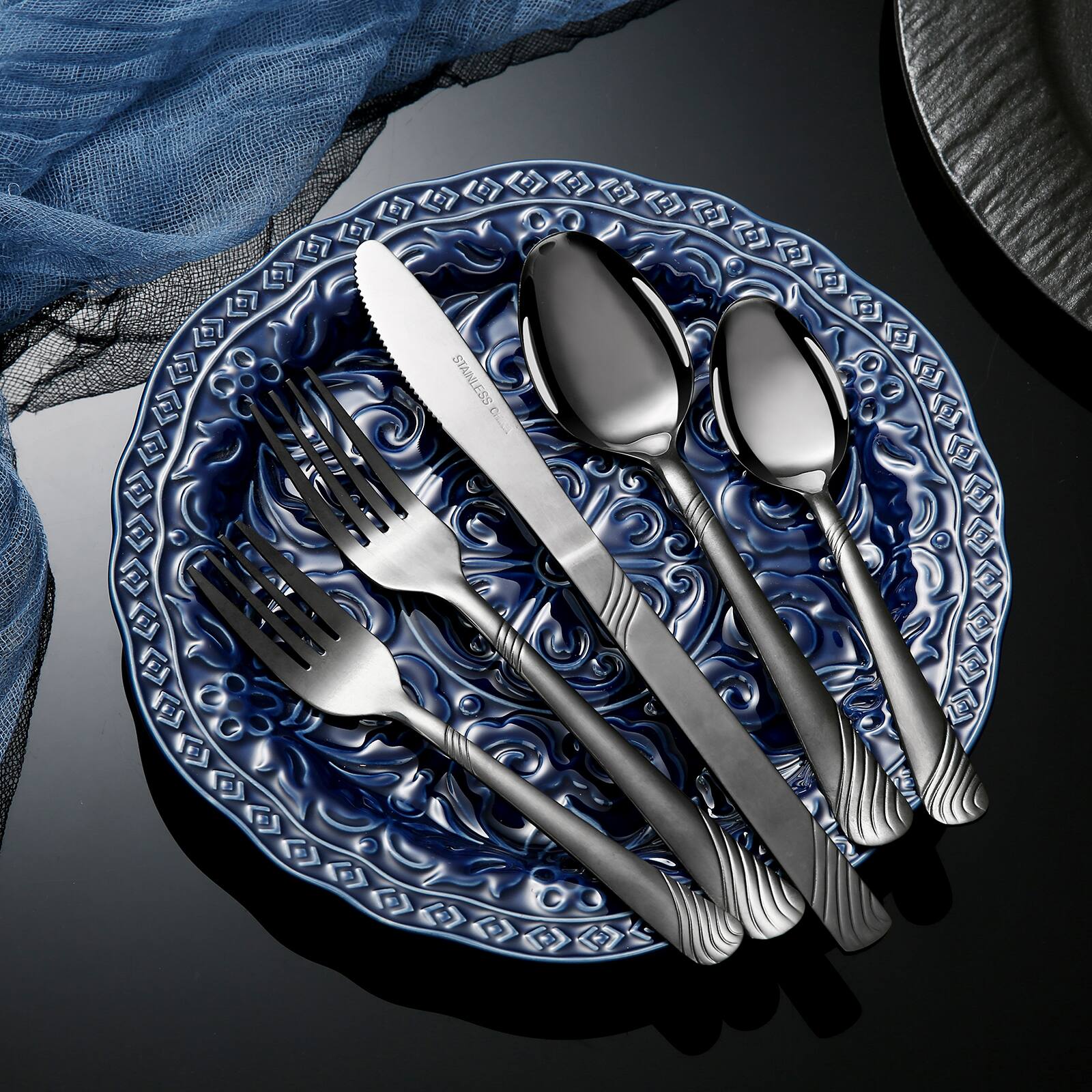 Back. KITCHENTREND - Kitchentrend 48 Pcs Cutlery Set For 8 Stainless Steel Knife Fork Spoon Tableware Flatware Set Kitchen Dinnerware Gift - Black.