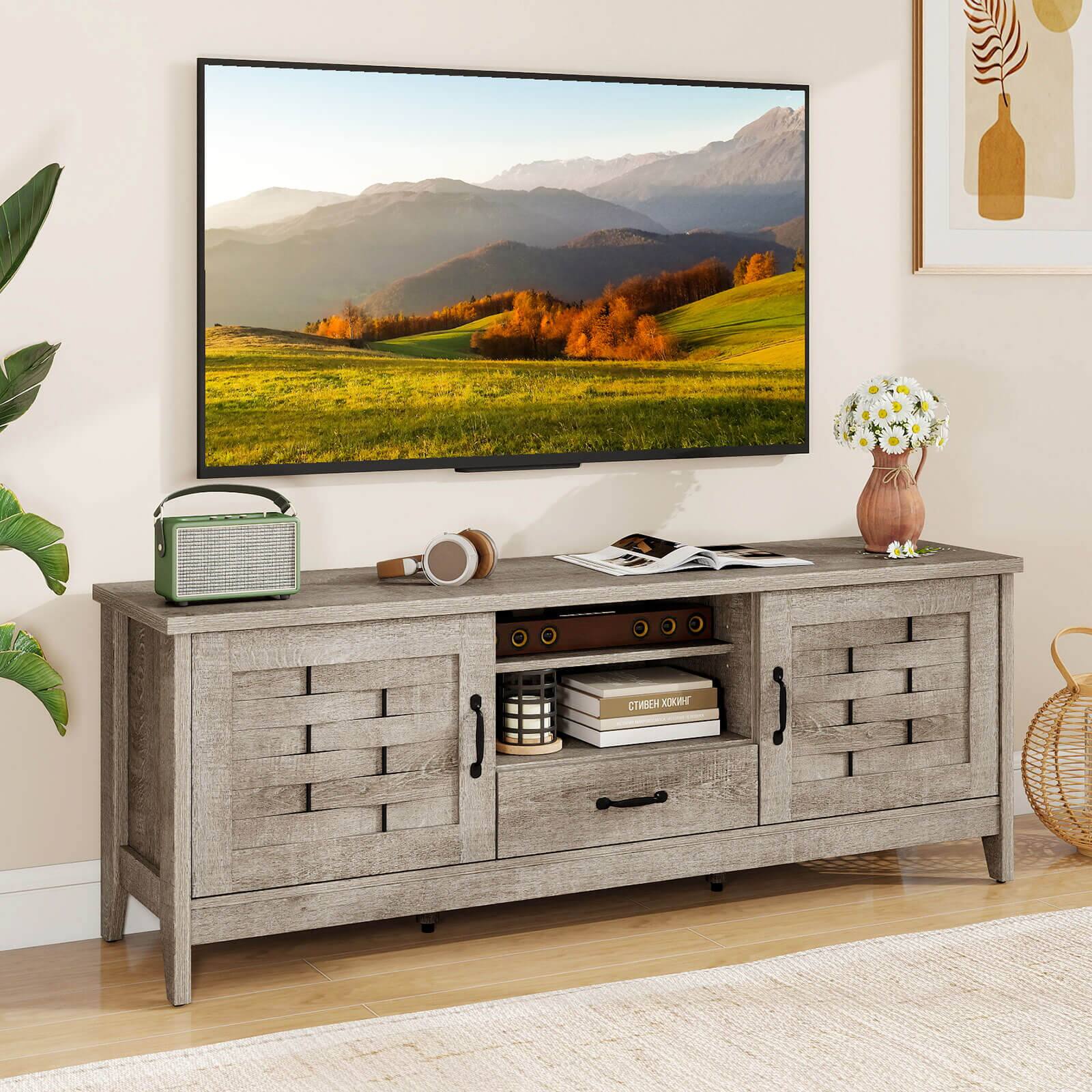 Alt View 3. Costway - Costway TV Stand with 2 Woven Accent Doors, Storage Drawer 3 Adjustable Shelves for 65" TVs - Rustic Oak.