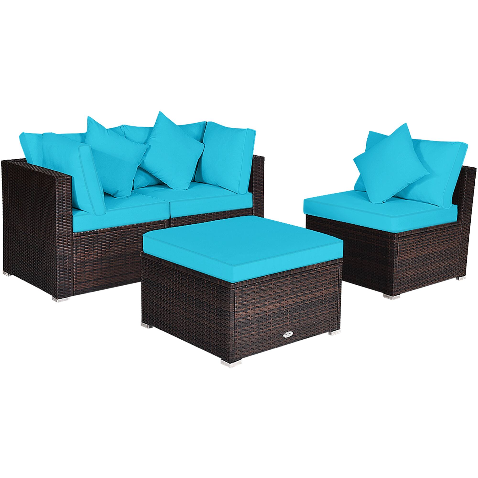 Alt View 4. Gymax - Gymax 4PCS Rattan Patio Conversation Furniture Set Yard Outdoor w/ Turquoise Cushion - Turquoise.