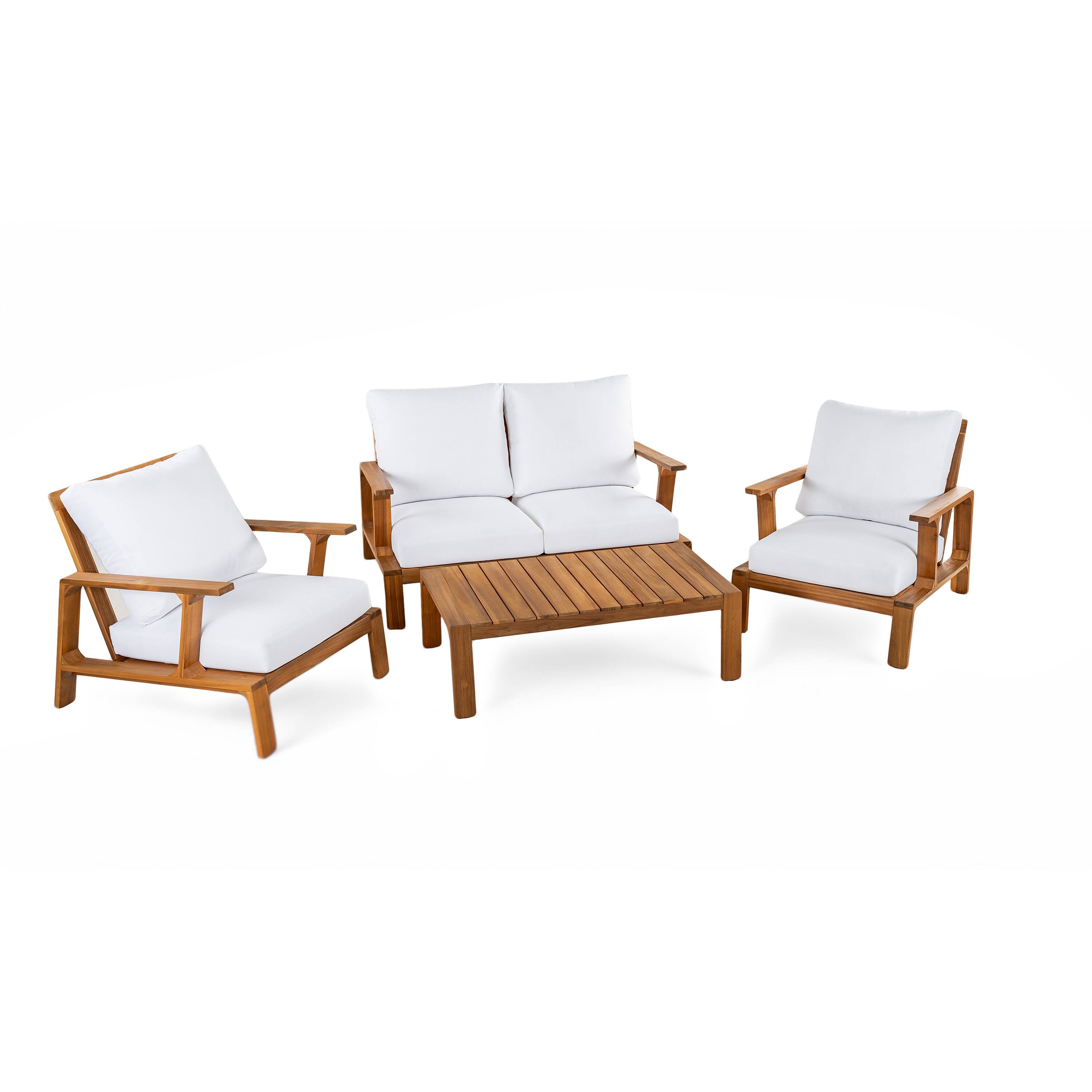 Alt View 4. Siljoy - 4-Piece 4-Seat Patio Conversation Set, Outdoor Sofa with Coffee Table, Teak Finish + White Cushions - Teak,White.