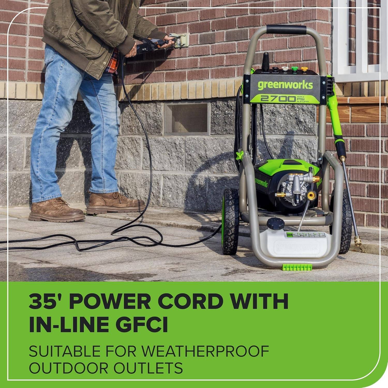 greenworks TH 2700 PU i ahone | echton 41444114 35' POWER CORD WITH IN-LINE GFCI SUITABLE FOR WEATHERPROOF OUTDOOR OUTLETS