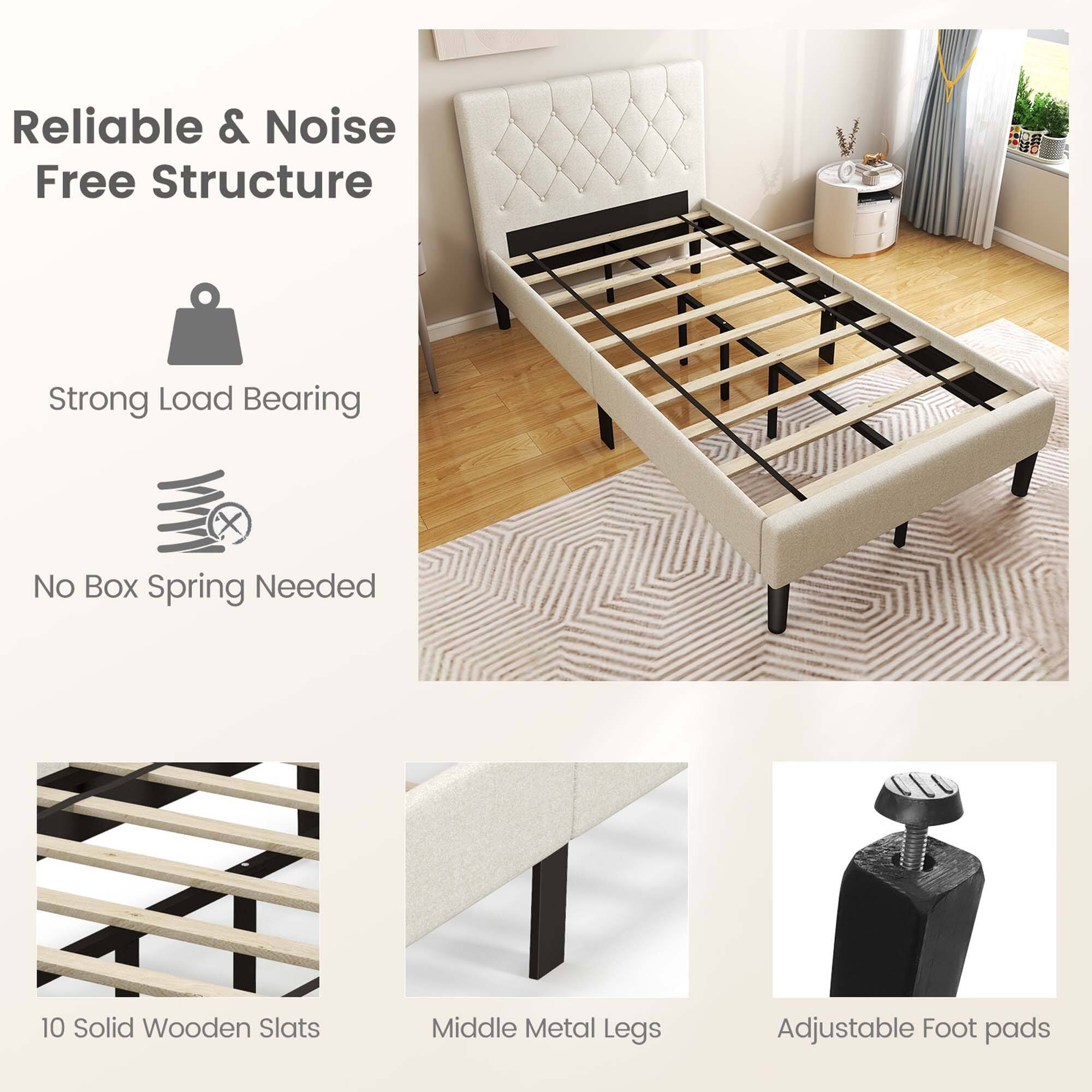 Alt View 5. Costway - Costway Upholstered Platform Bed Twin Size Button Tufted Headboard Wooden Slats Support - Beige.