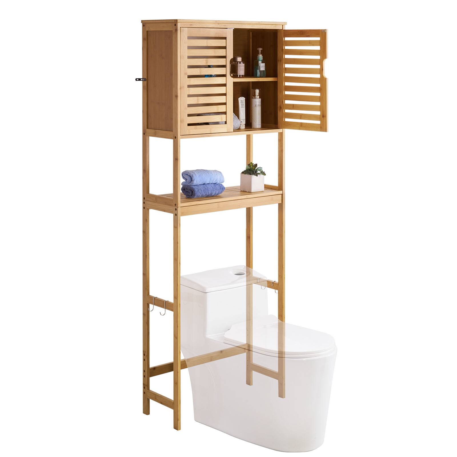 Front. VEVOR - Bamboo Over The Toilet Storage Cabinet, 68.9 in Height Bathroom Storage Organizer with Double Door - Wood.