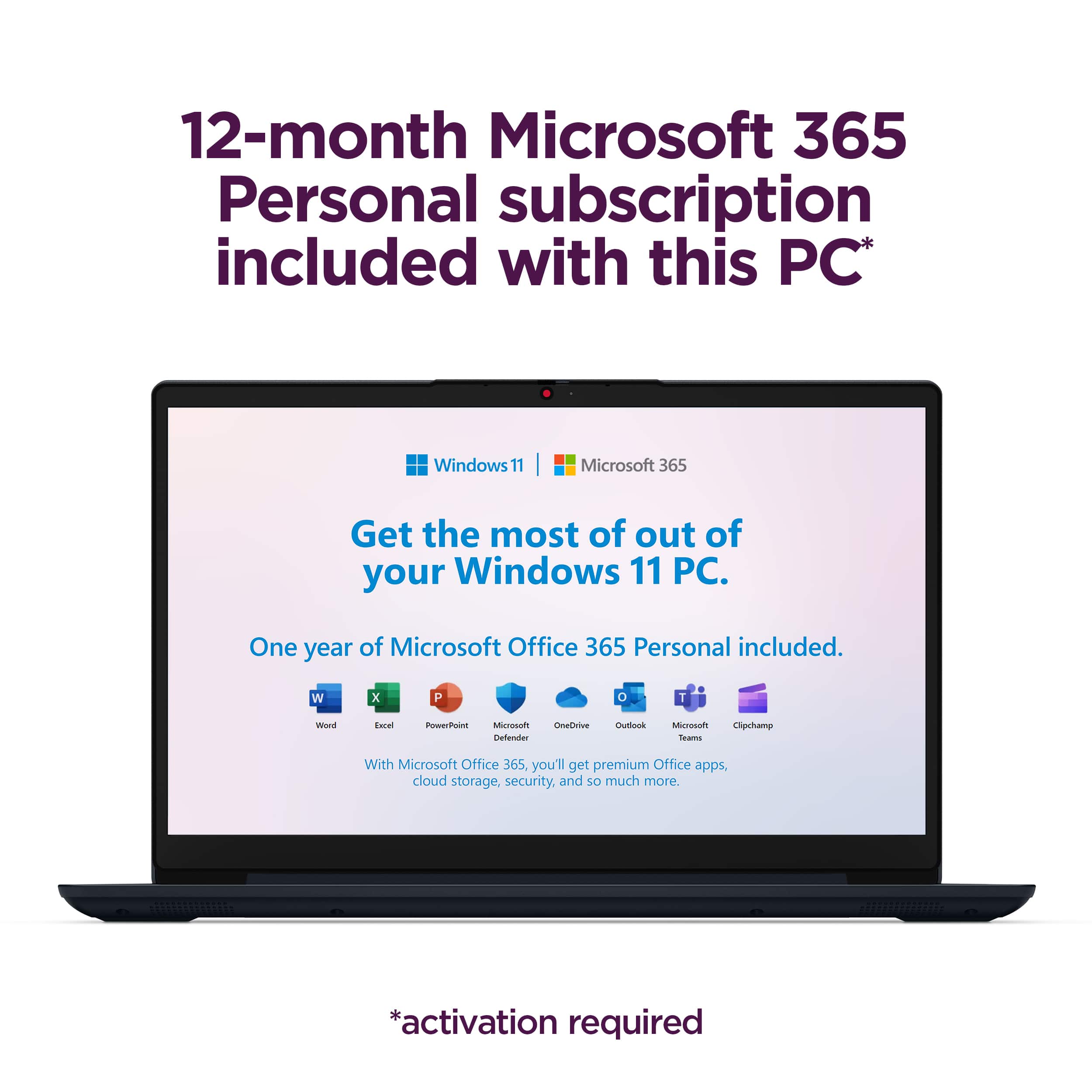 12-month Microsoft 365 Personal subscription included with this PC* Windows 11 | Microsoft 365 Get the most out of your Windows 11 PC. One year of Microsoft Office 365 Personal included. With Microsoft Office 365, you'll get premium Office apps, cloud storage, security, and so much more. *activation required