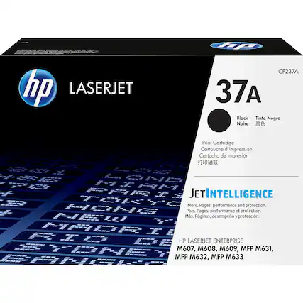 hp LASERJET CF237A 37A Black Tinta Negra Noire Print Cartridge Cartouche d'Impression Cartucho de Impresión JET INTELLIGENCE More Pages, performance and protection. Plus Pages, performance et protection. Más Páginas, desempeño y protección. -ER HP LASERJET ENTERPRISE M607, M608, M609, MFP M631, MFP M632, MFP M633