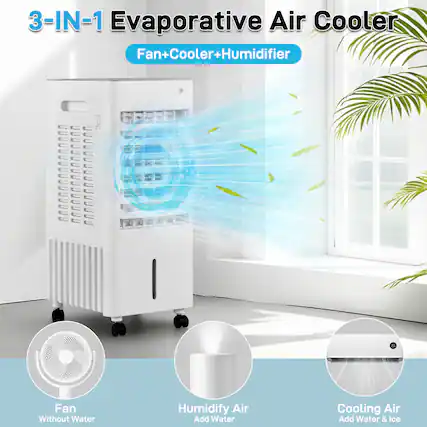3-IN-1 Evaporative Air Cooler
Fan+Cooler+Humidifier
- Fan
Without Water
- Humidify Air
Add Water
- Cooling Air
Add Water & Ice