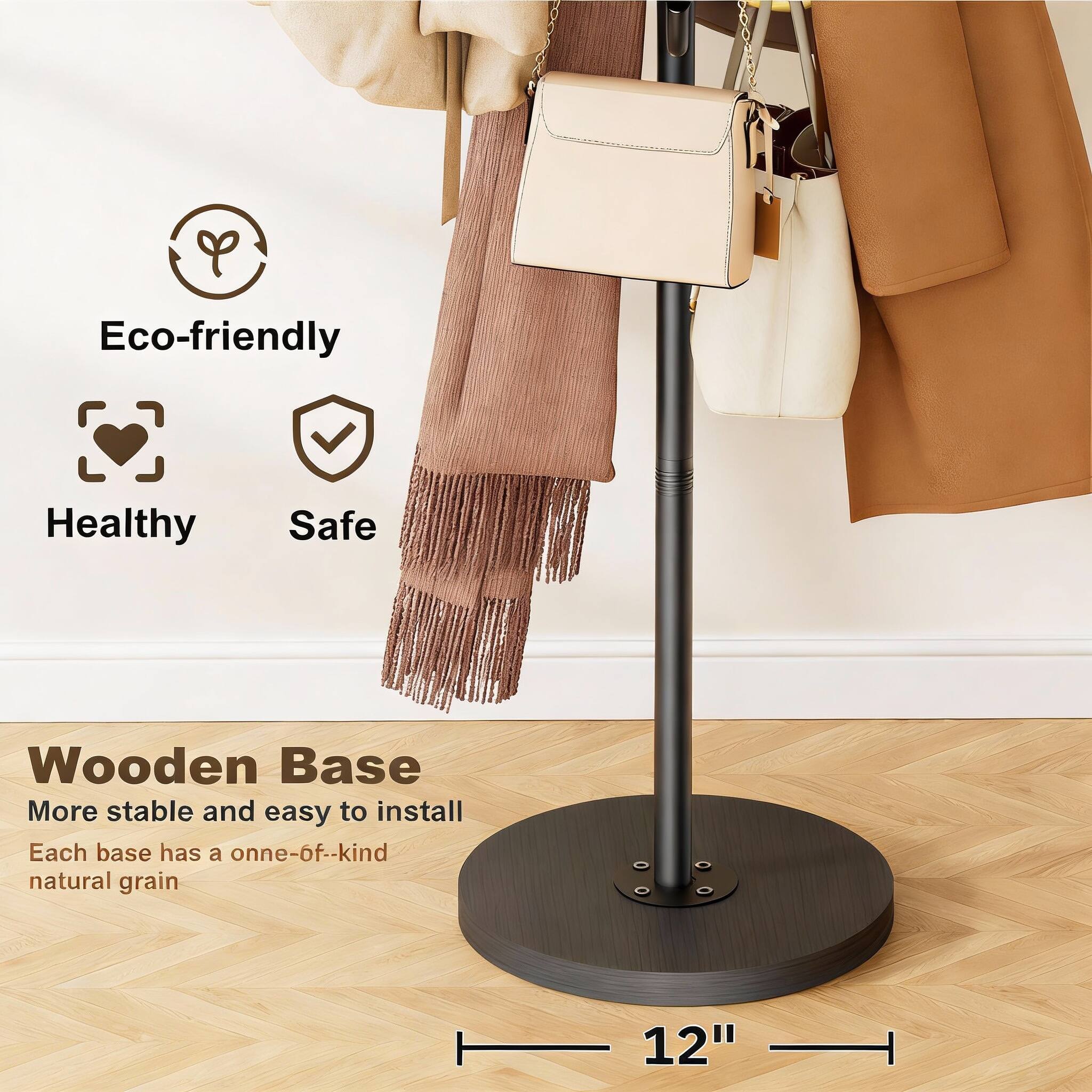 Eco-friendly  
Healthy  
Safe  

Wooden Base  
More stable and easy to install  
Each base has a one-of-a-kind natural grain  

12"