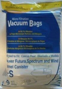 A Must for ALLERGY SUFFERERS!  
Micro Filtration Vacuum Bags  
Filtration Traps Microscopic and Allergen Particles  
99.7% Filtration  
Designed to Fit: Concus Pour: Diseñado a Medida:  
Dover Futura, Spectrum and Wind innel Canister S