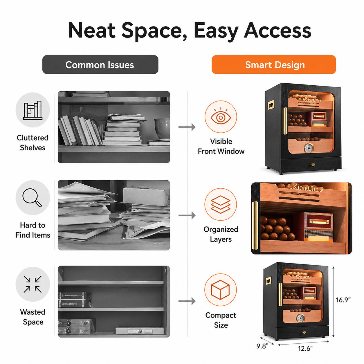 Neat Space, Easy Access

Common Issues
- Cluttered Shelves
- Hard to Find Items
- Wasted Space

Smart Design
- Visible Front Window
- Organized Layers
- Compact Size

Dimensions: 16.9" x 9.8" x 12.6"