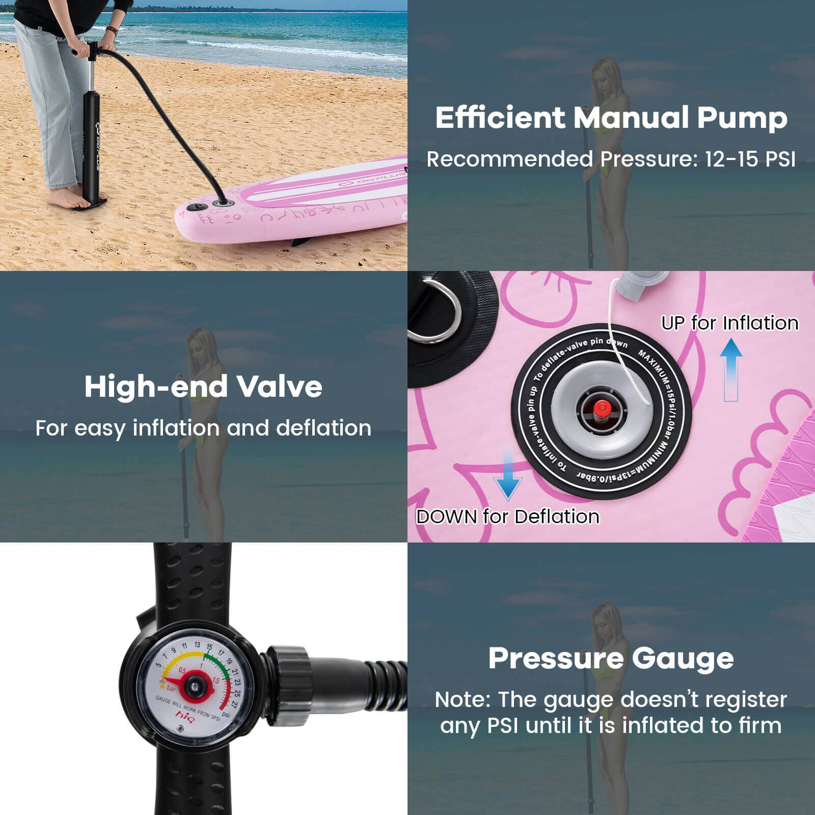 Efficient Manual Pump  
Recommended Pressure: 12-15 PSI  

High-end Valve  
For easy inflation and deflation  
UP for Inflation  
DOWN for Deflation  

Pressure Gauge  
Note: The gauge doesn't register any PSI until it is inflated to firm