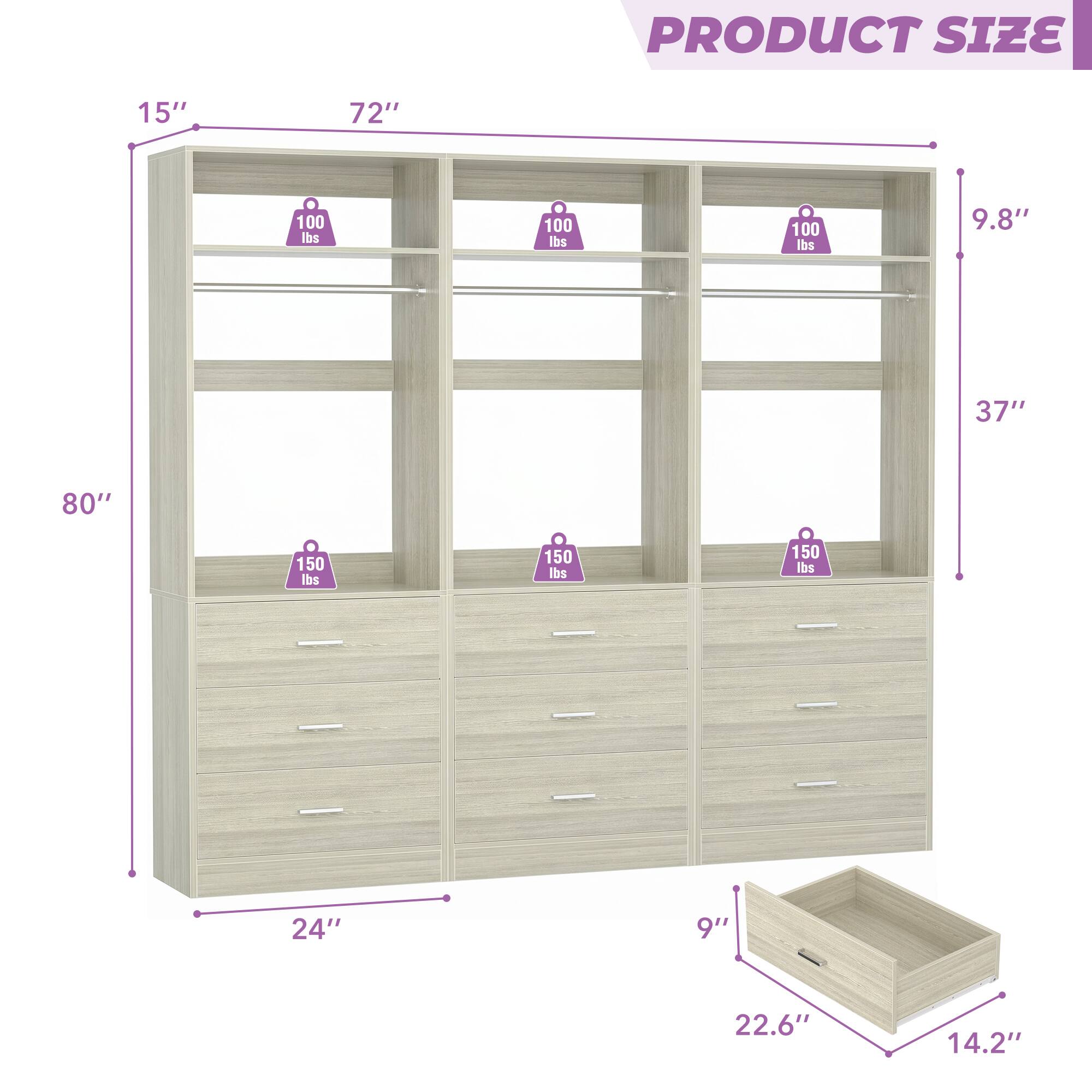 PRODUCT SIZE

- Height: 80"
- Width: 72"
- Depth: 24"
- Shelf 1: 100 lbs
- Shelf 2: 100 lbs
- Shelf 3: 100 lbs
- Shelf 4: 150 lbs
- Shelf 5: 150 lbs
- Shelf 6: 150 lbs
- Drawer: 9.8" x 22.6" x 14.2"